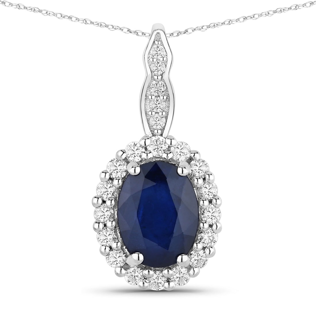 1.79 ctw Blue Sapphire Halo 14K White Gold Pendant - Certified: A symphony of light and color, this piece embodies the pinnacle of luxury. This 1.79 ctw design features 1.53 carats of a magnificent oval-cut Blue Sapphire with velvety hues, framed by a sparkling ha