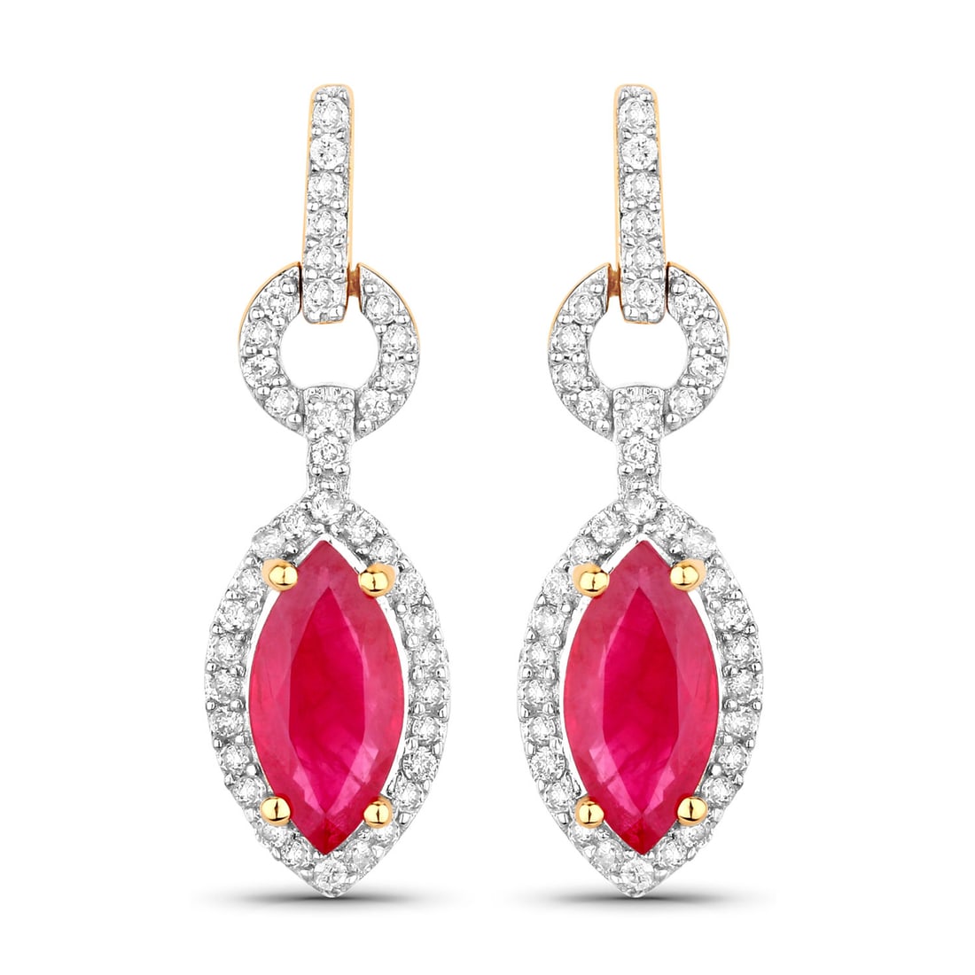 1.23 ctw Ruby Dangle 14K Yellow Gold Earrings - Certified: A symphony of light and color, this piece embodies the pinnacle of luxury. This pair features a combined 1.00 carats of Marquise-cut Ruby, celebrated for their vibrant hues, enhanced by the brilliant