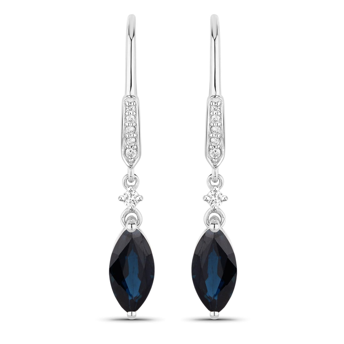 2.73 ctw Blue Sapphire and Diamond Dangle 14K White Gold Earrings - Certified: A symphony of light and color, this piece embodies the pinnacle of luxury. This pair features a combined 2.60 carats of magnificent marquise-cut Blue Sapphire, framed by a brilliant halo of 0.13 carat