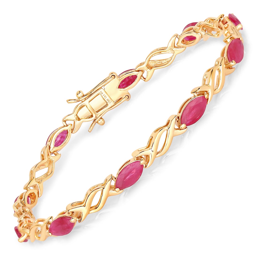 5.00 ctw Ruby 10K Yellow Gold Bracelet - Certified: Exuding opulence and grace, this jewel is crafted for the distinguished. This design features 5.00 carats of Marquise-cut Ruby, each displaying vibrant crimson hues. Expertly mounted in a Prong settin