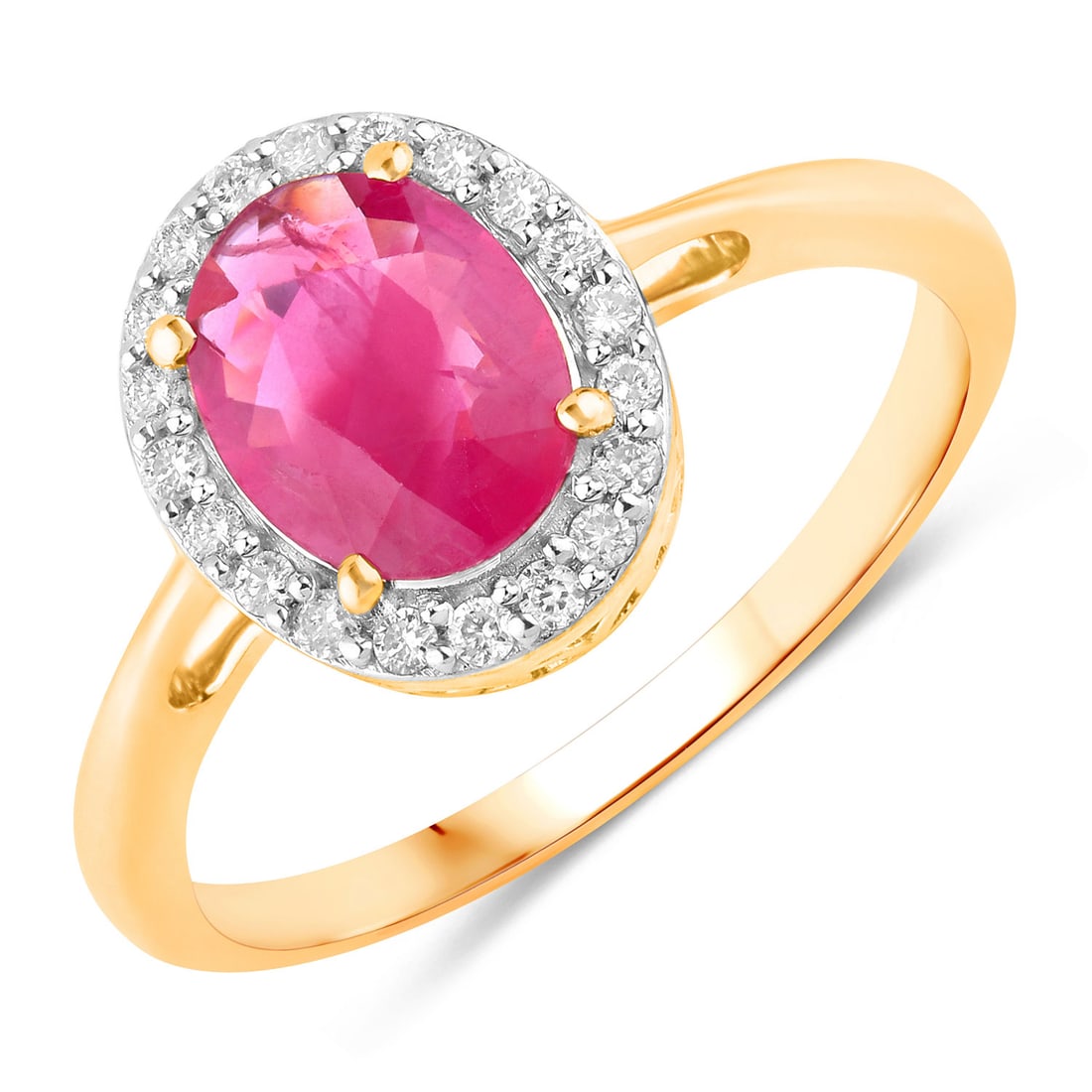 1.83 ctw Ruby and Diamond Halo 14K Yellow Gold Ring - Certified: Epitomizing grandeur, this selection stands as a beacon of refined taste. This 1.83 ctw design features a vibrant 1.67 carat oval Ruby, encircled by a brilliant halo of 0.16 carats of sparkling white