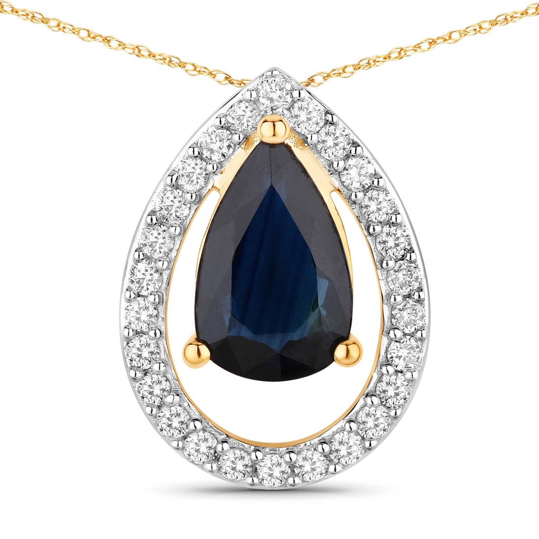 1.15 ctw Blue Sapphire Halo 14K Yellow Gold Pendant - Certified: A testament to superior craftsmanship, this work of art is unparalleled. This 1.15 ctw design features 0.98 carats of Blue Sapphire with a captivating deep blue hue, framed by a sparkling halo of 0.17