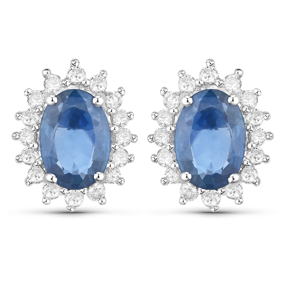 2.22 ctw Blue Sapphire Halo 14K White Gold Earrings - Certified: Epitomizing grandeur, this selection stands as a beacon of refined taste. This pair features a combined 2.22 carats, showcasing 1.90 carats of oval Blue Sapphire with velvety hues, encircled by a scin