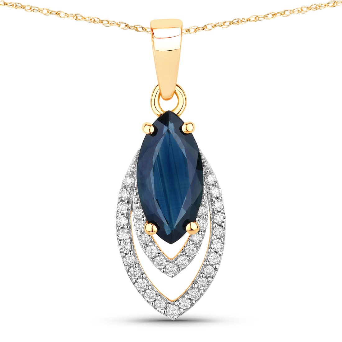 1.42 CTW Marquise Sapphire Modern 14K Yellow Gold Pendant - Certified: A symphony of light and color, this piece embodies the pinnacle of luxury. Showcasing the gems in a prong arrangement, the structure consists of 1.106 grams of 14K Yellow Gold. Main Stone: 1.30 CTW M