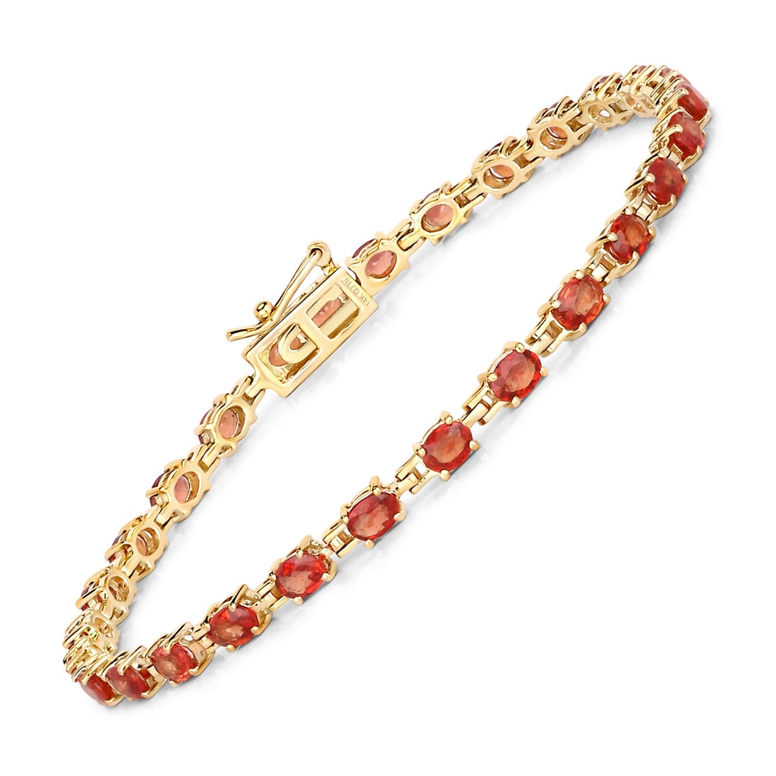 7 CTW Oval Orange Sapphire Modern 14K Yellow Gold Bracelet - Certified: Defining modern elegance, this creation captures the essence of style. A detailed Prong gallery secures the stones, rendered in 6.13 grams of lustrous 14K Yellow Gold. Main Stone: 7.00 CTW Oval Orang