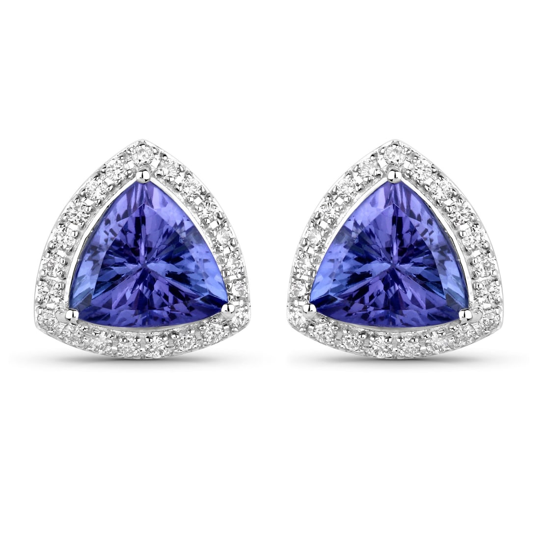 3.82 CTW Trillion Tanzanite Modern 14K White Gold Earrings - Certified: Rare and radiant, this exquisite pair of earrings offers a touch of the extraordinary. Crafted with precision, the Prong Halo setting is seamlessly integrated into 1.546 grams of 14K White Gold. This