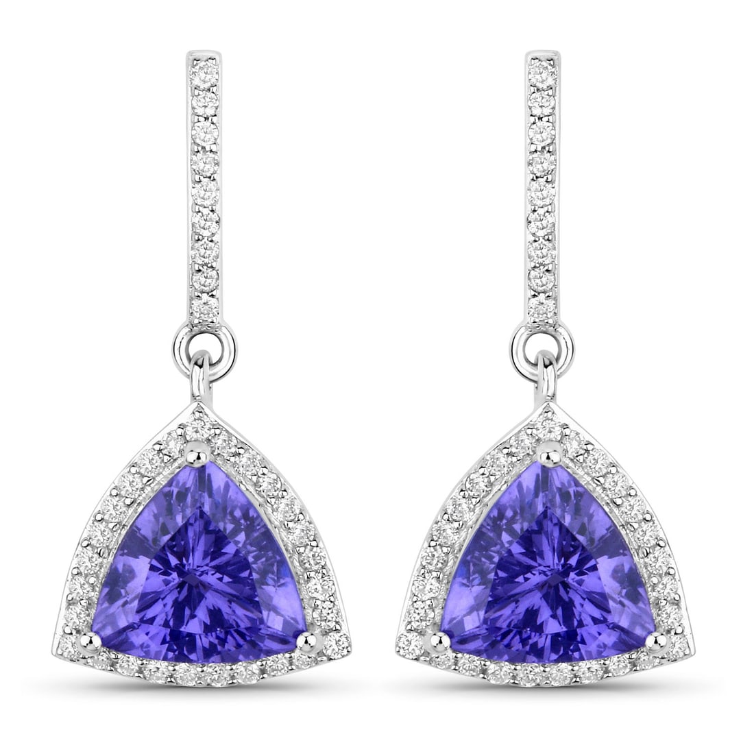 3.86 CTW Trillion Tanzanite Modern 14K White Gold Earrings - Certified: A vision of luxury, this exquisite pair of earrings defines sophistication. Securely held in a classic Prong design, this exquisite pair of earrings is forged from 2.546 grams of high-polish 14K White
