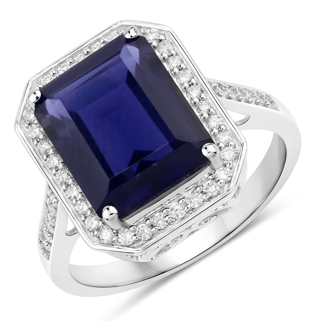 3.7 CTW Octagon Iolite Modern 14K White Gold Ring - Certified: A vision of luxury, this masterpiece defines sophistication. A detailed Prong gallery secures the stones, rendered in 4.826 grams of lustrous 14K White Gold. Main Stone: 3.41 CTW Octagon Iolite Accen