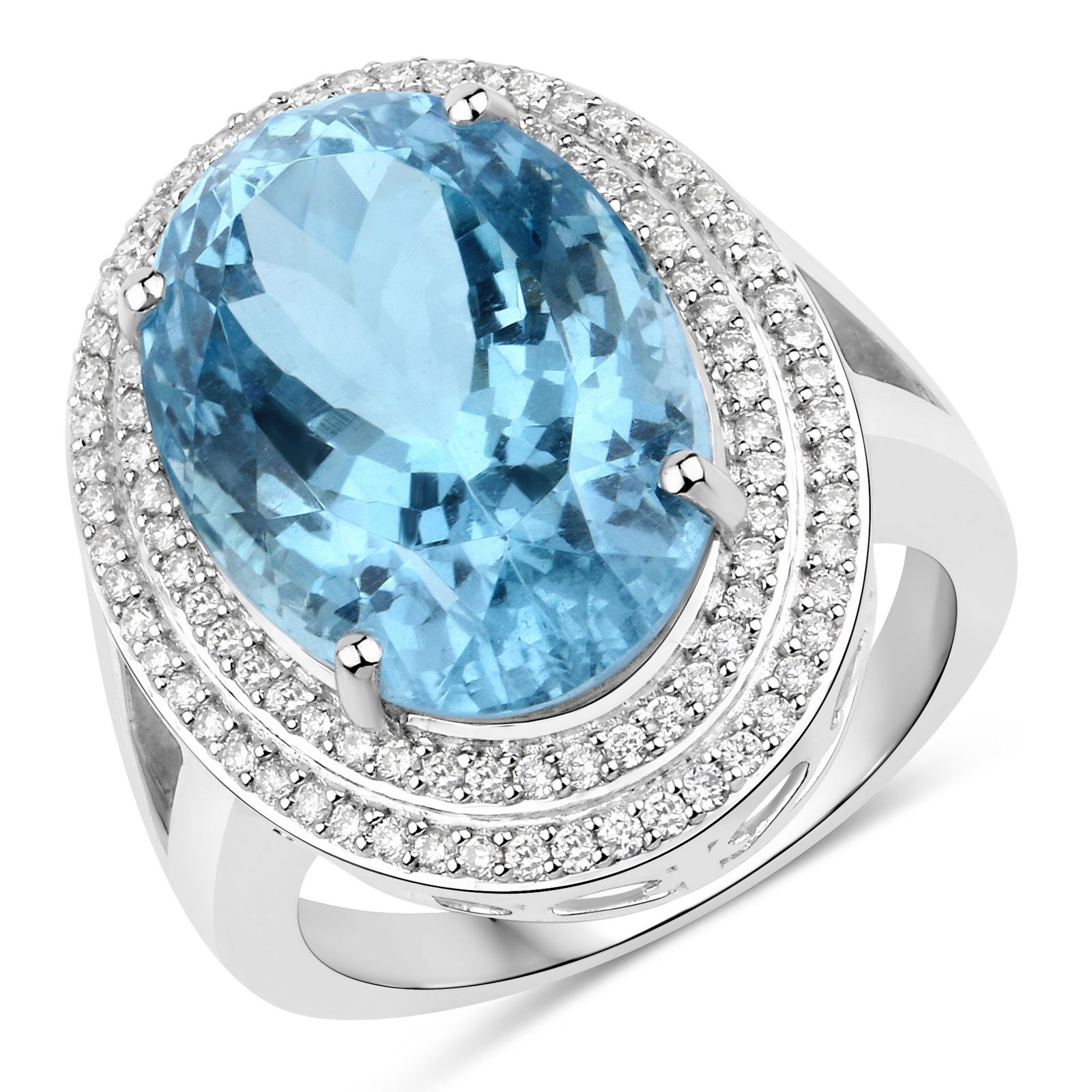 12.89 CTW Oval Aquamarine Modern 14K White Gold Ring - Certified: Epitomizing grandeur, this selection stands as a beacon of refined taste. The gemstones are nestled within a Prong framework, supported by a substantial 2.818 grams of 14K White Gold body. Main Stone