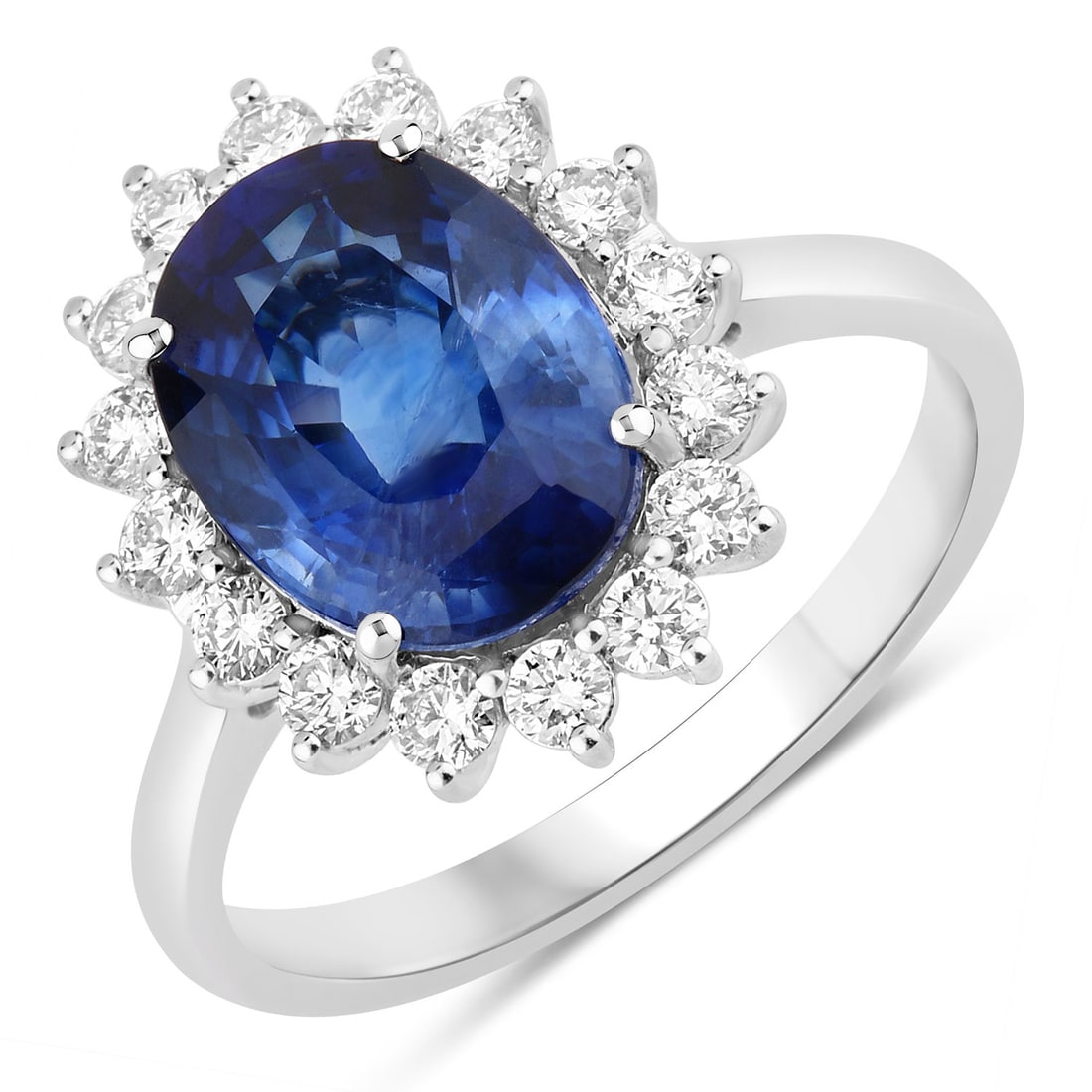 4.54 CTW Oval Sapphire Modern 18K White Gold Ring - Certified: Defining modern elegance, this creation captures the essence of style. A detailed Halo gallery secures the stones, rendered in 3.248 grams of lustrous 18K White Gold. Main Stone: 4.06 CTW Oval Sapphi