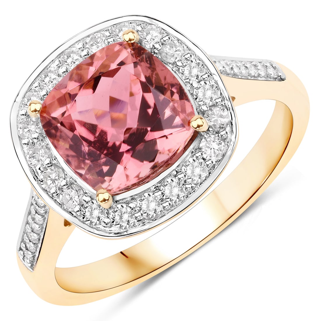 2.71 CTW Cushion Tourmaline Modern 14K Yellow Gold Ring - Certified: Defining modern elegance, this creation captures the essence of style. Showcasing the gems in a Prong Halo arrangement, the structure consists of 3.108 grams of 14K Yellow Gold. Main Stone: 2.37 CTW