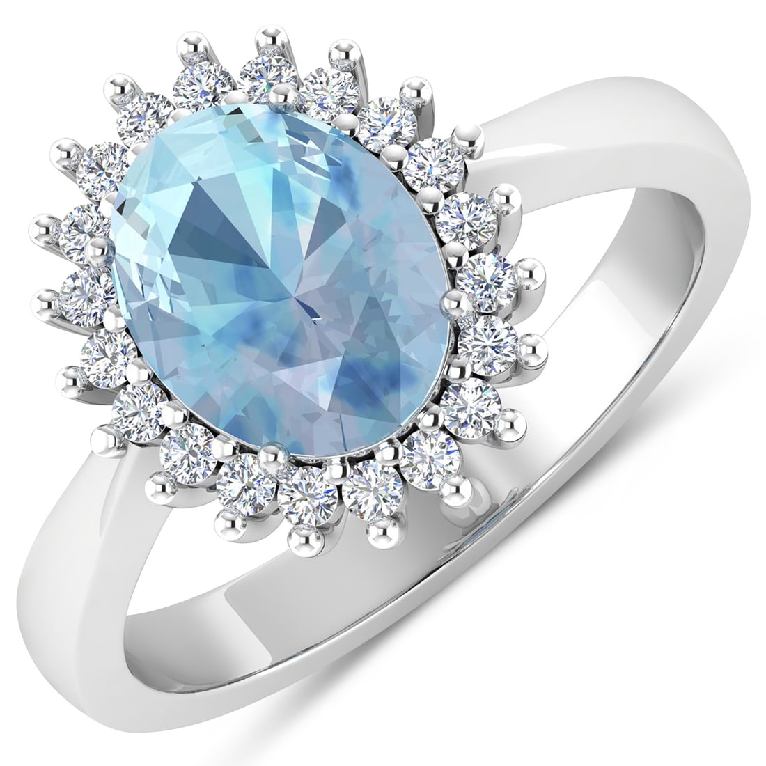 1.24 CTW Oval Aquamarine Vintage 14K White Gold Ring - Certified: A vision of luxury, this masterpiece defines sophistication. A detailed Halo gallery secures the stones, rendered in 2.2 grams of lustrous 14K White Gold. Main Stone: 1.05 CTW Oval Aquamarine Accent