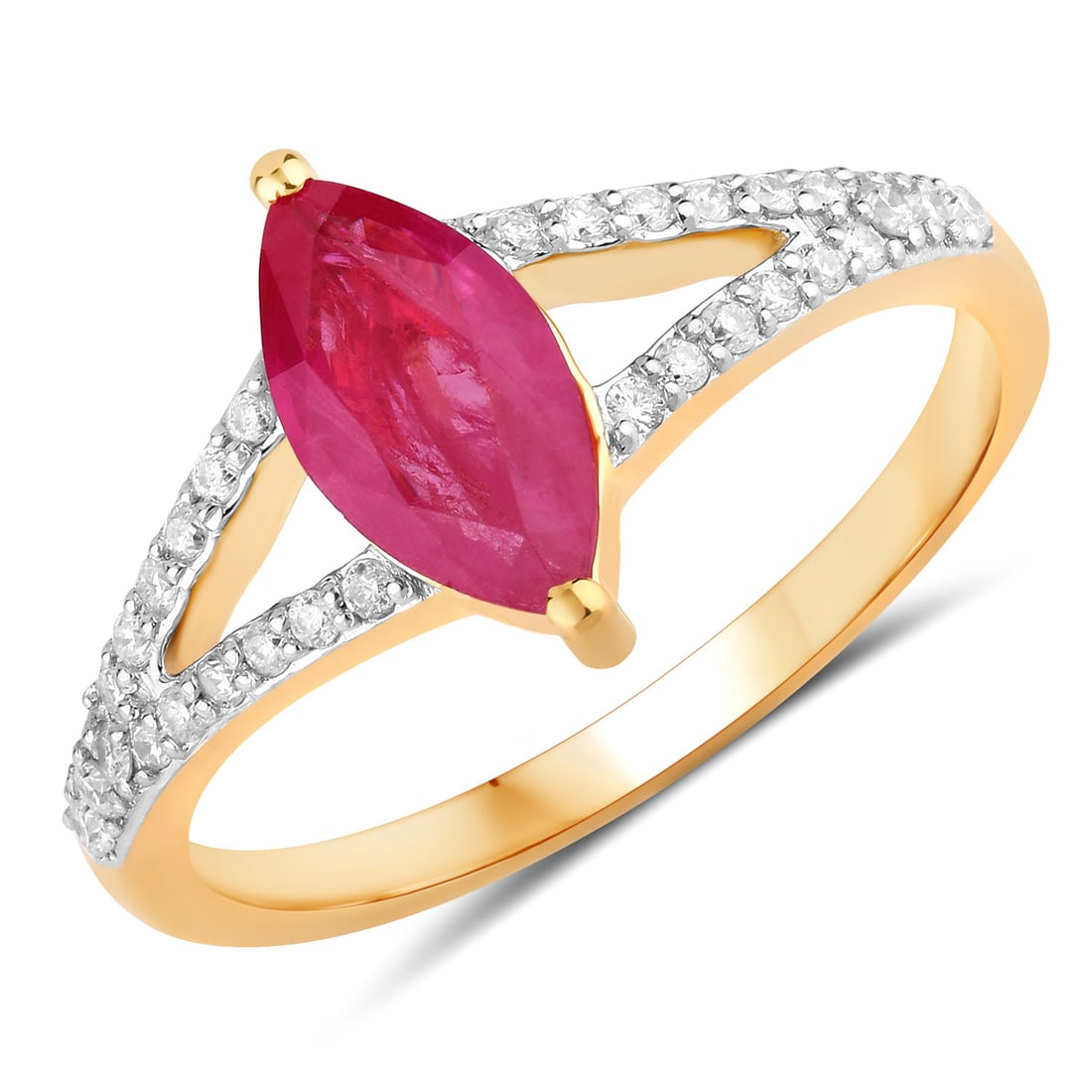 1.58 CTW Marquise Ruby Modern 14K Yellow Gold Ring - Certified: Exuding opulence and grace, this jewel is crafted for the distinguished. Showcasing the gems in a Prong arrangement, the structure consists of 2.524 grams of 14K Yellow Gold. Main Stone: 1.39 CTW Mar
