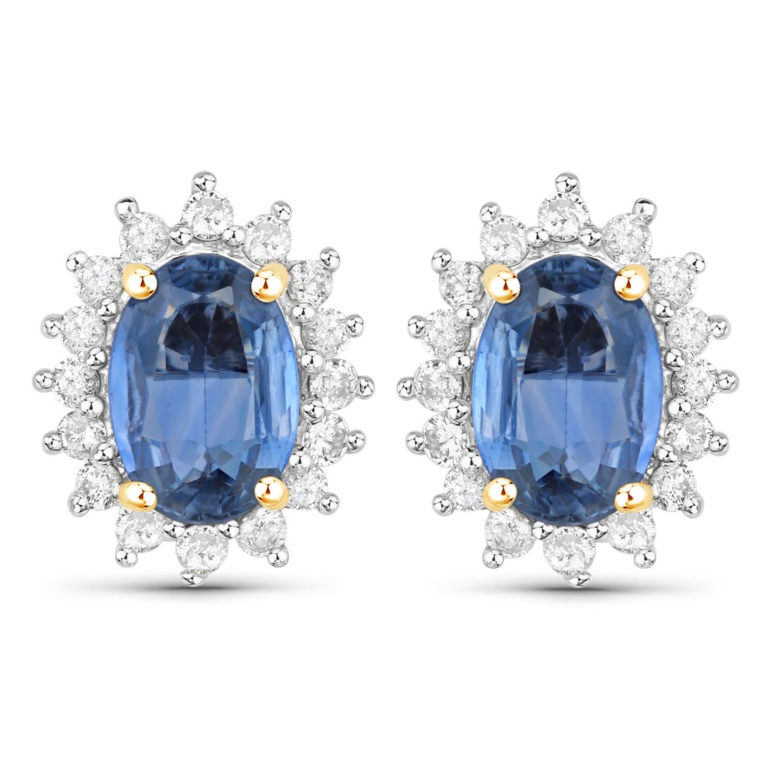 2.22 ctw Blue Sapphire Halo 14K Yellow Gold Earrings - Certified: Exuding opulence and grace, this jewel is crafted for the distinguished. This pair features a combined 1.90 carats of stunning oval Blue Sapphire with deep velvety hues, encircled by a sparkling halo