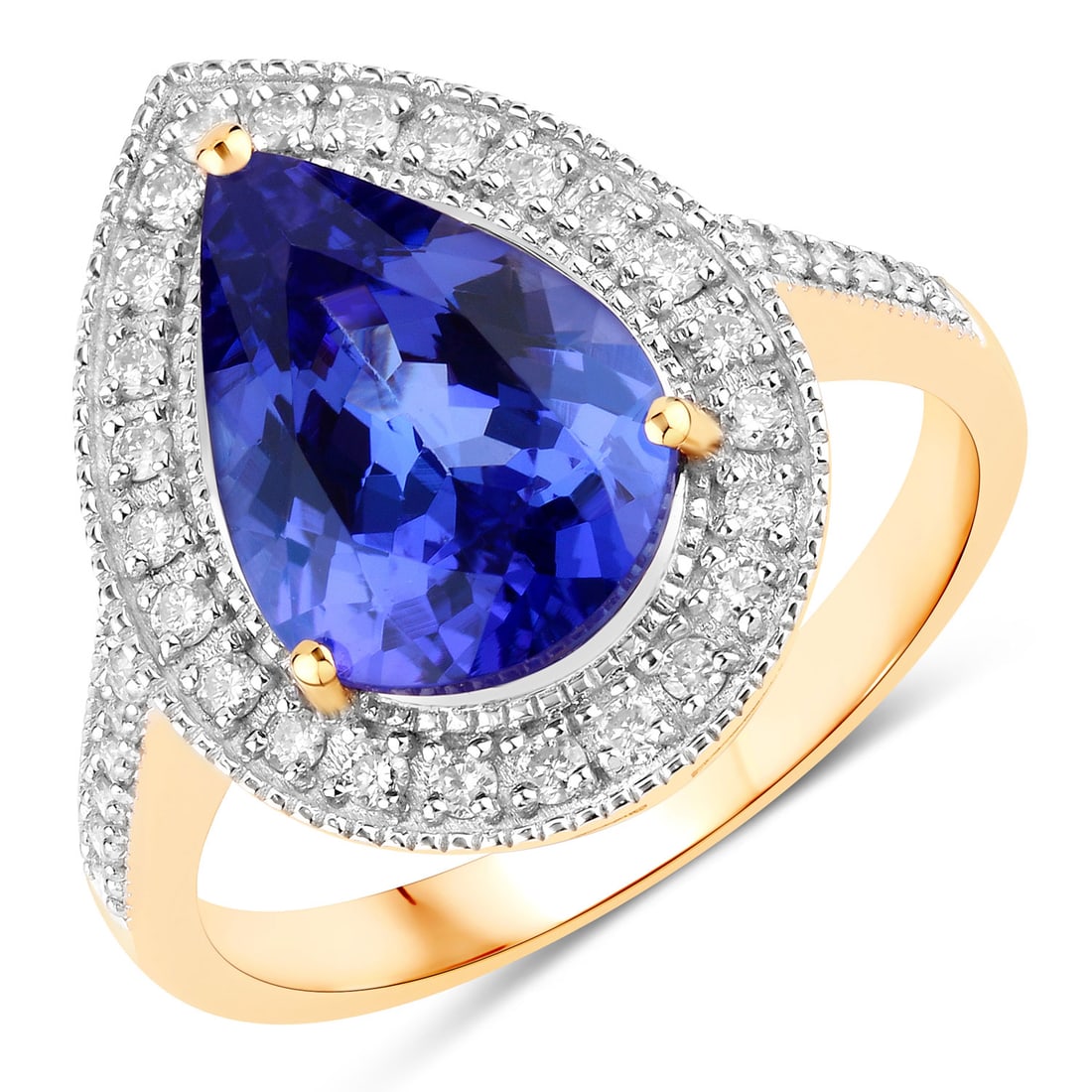 3.37 ctw Tanzanite Halo 14K Yellow Gold Ring - Certified: A symphony of light and color, this piece embodies the pinnacle of luxury. This 3.37 ctw design features a magnificent 3.05 carat pear-shaped Tanzanite with captivating violet hues, enhanced by a spar