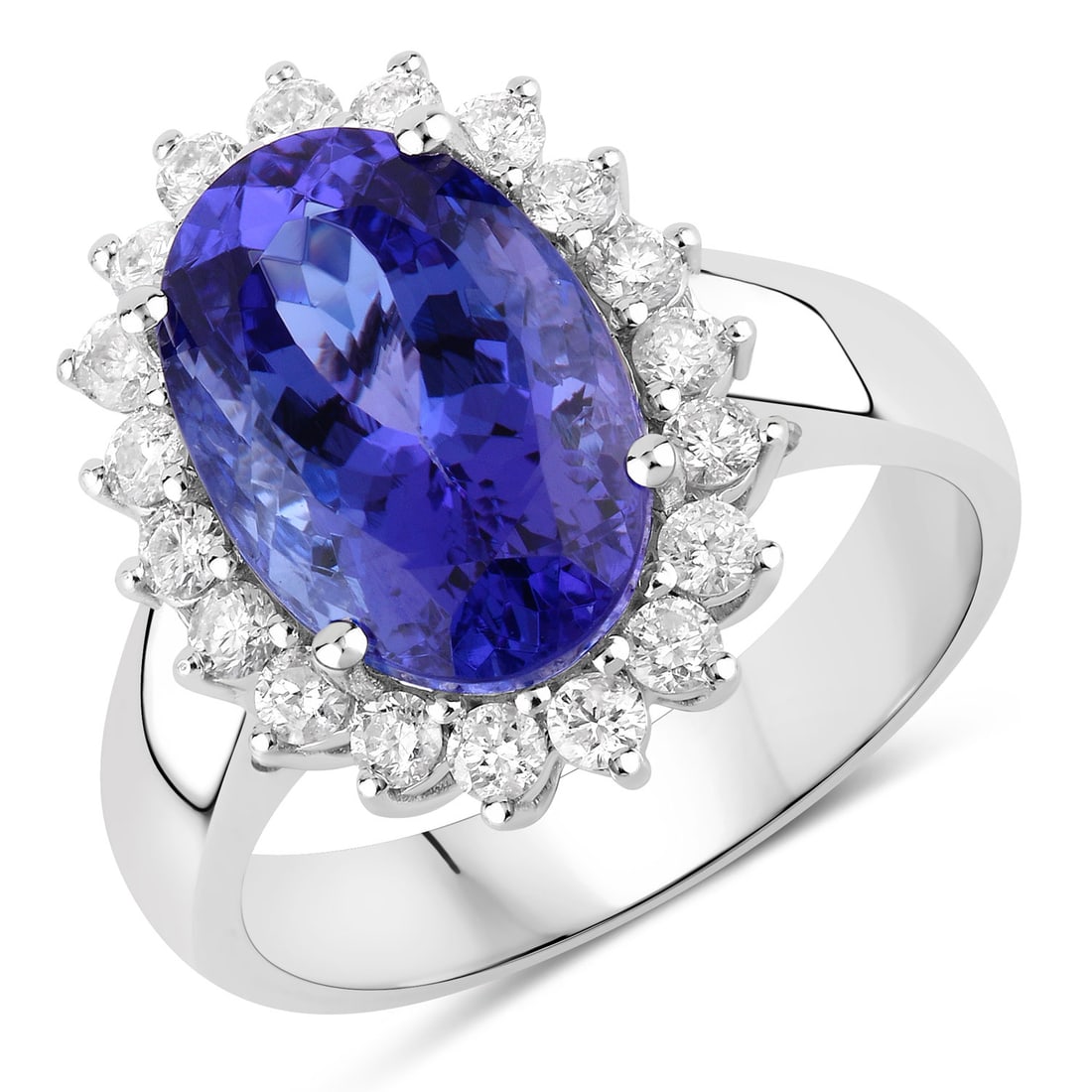 5.92 ctw Tanzanite Halo 14K White Gold Ring - Certified: Epitomizing grandeur, this selection stands as a beacon of refined taste. This 5.92 ctw design features 5.35 carats of Tanzanite with captivating violet hues, haloed by 0.57 carats of brilliant white