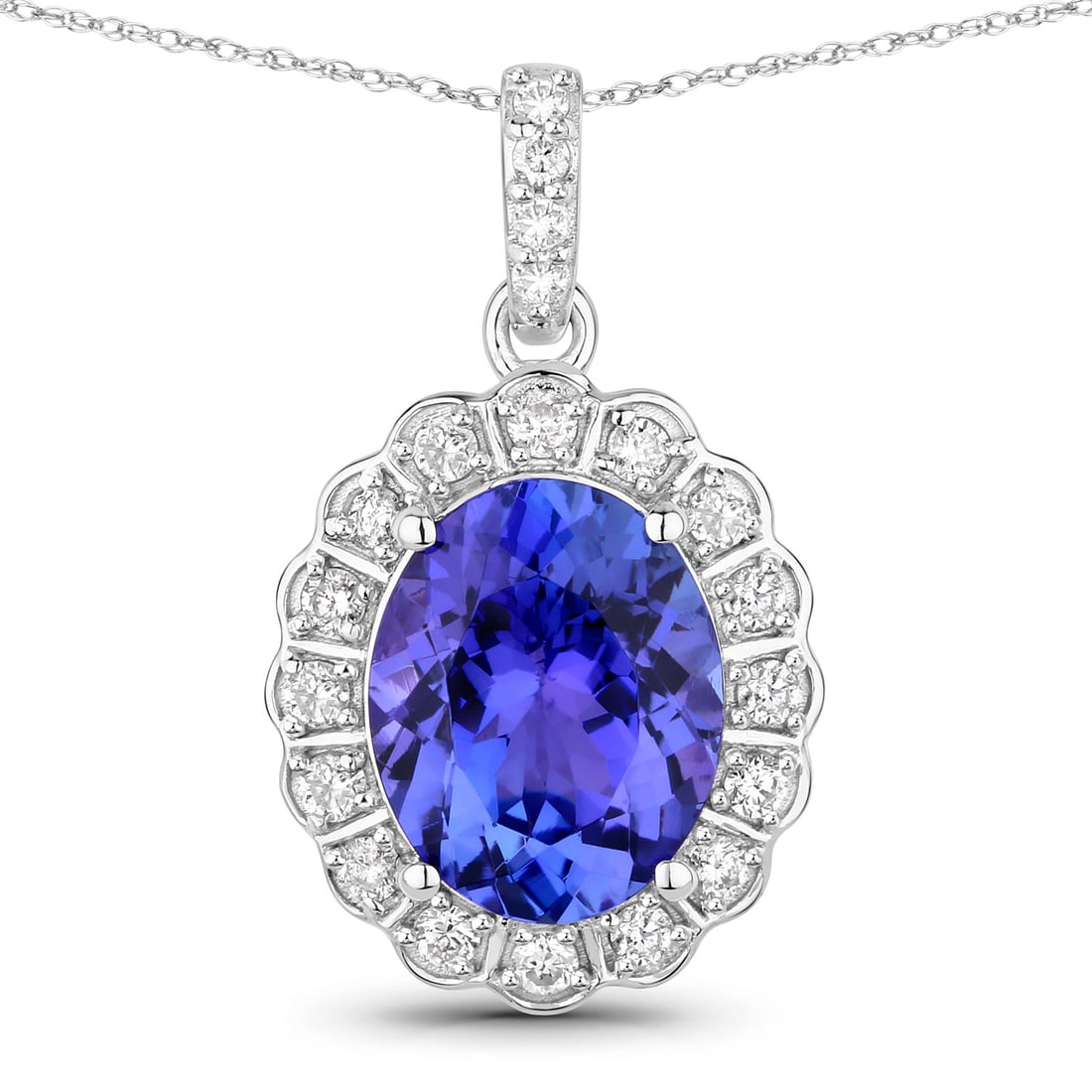 2.93 ctw Tanzanite Halo 14K White Gold Pendant - Certified: A symphony of light and color, this piece embodies the pinnacle of luxury. This 2.93 ctw design features a 2.67 carat oval Tanzanite with velvety violet-blue hues, encircled by a scintillating halo of