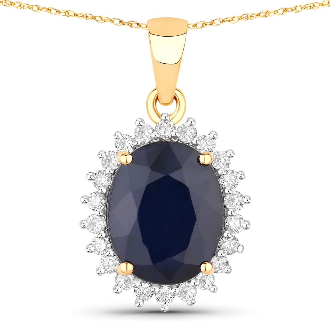 4.63 ctw Blue Sapphire Halo 14k Yellow Gold Pendant - Certified: A symphony of light and color, this piece embodies the pinnacle of luxury. This 4.63 ctw design features a 4.32 carat Blue Sapphire with velvety hues, encircled by 0.31 carats of brilliant accent diam