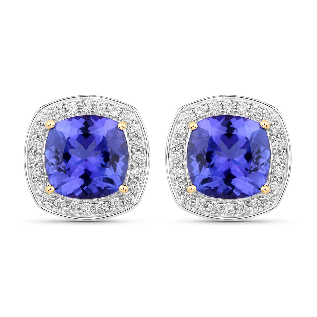 5.98 ctw Tanzanite Stud 14K Yellow Gold Earrings - Certified: A symphony of light and color, this piece embodies the pinnacle of luxury. This pair features a combined 5.50 carats of exquisite Tanzanite, showcasing deep violet hues, accented by a halo of 0.48 car