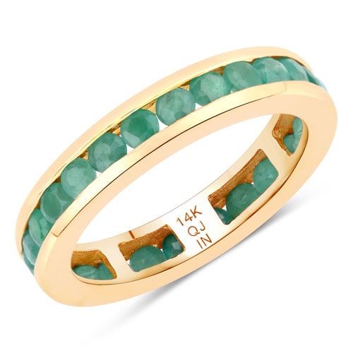 1.43 ctw Emerald Eternity Ring 14K Yellow Gold Ring - Certified: Timeless and sophisticated, this design radiates enduring beauty. This design features 1.43 carats of Emerald with vibrant green hues. The gemstones are nestled within a Channel framework, supported b
