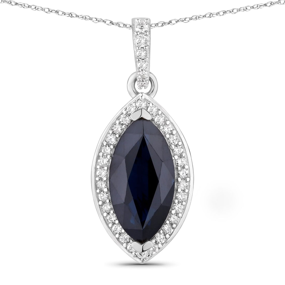 2.27 ctw Blue Sapphire Halo 10K White Gold Pendant - Certified: A testament to superior craftsmanship, this work of art is unparalleled. This 2.27 ctw design features a magnificent 2.10 carat Marquise Blue Sapphire, radiating with vibrant hues, and is beautifully
