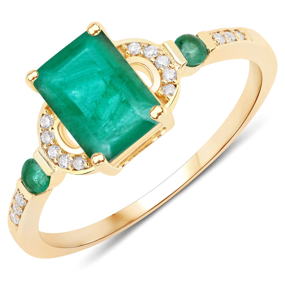 1.07 ctw Zambian Emerald 14K Yellow Gold Ring - Certified: A testament to superior craftsmanship, this work of art is unparalleled. This 1.07 ctw design features 0.93 carats of Zambian Emerald with vibrant green hues, enhanced by a sparkling array of accent d