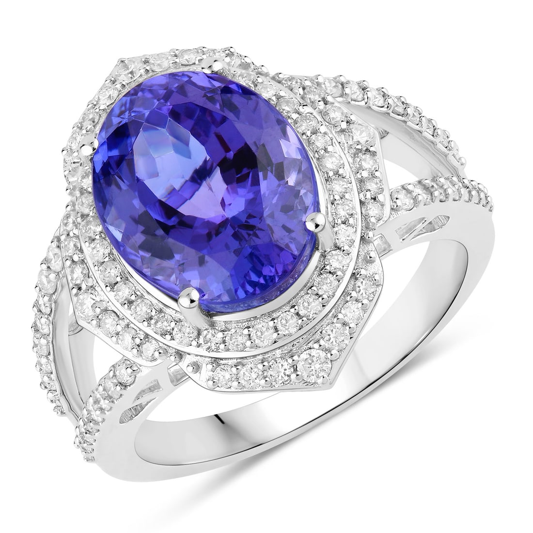 6.56 ctw Tanzanite Statement 14K White Gold Ring - Certified: Epitomizing grandeur, this selection stands as a beacon of refined taste. This 6.56 ctw design features 5.97 carats of Tanzanite with velvety hues, enhanced by a halo of 0.59 carats of scintillating w