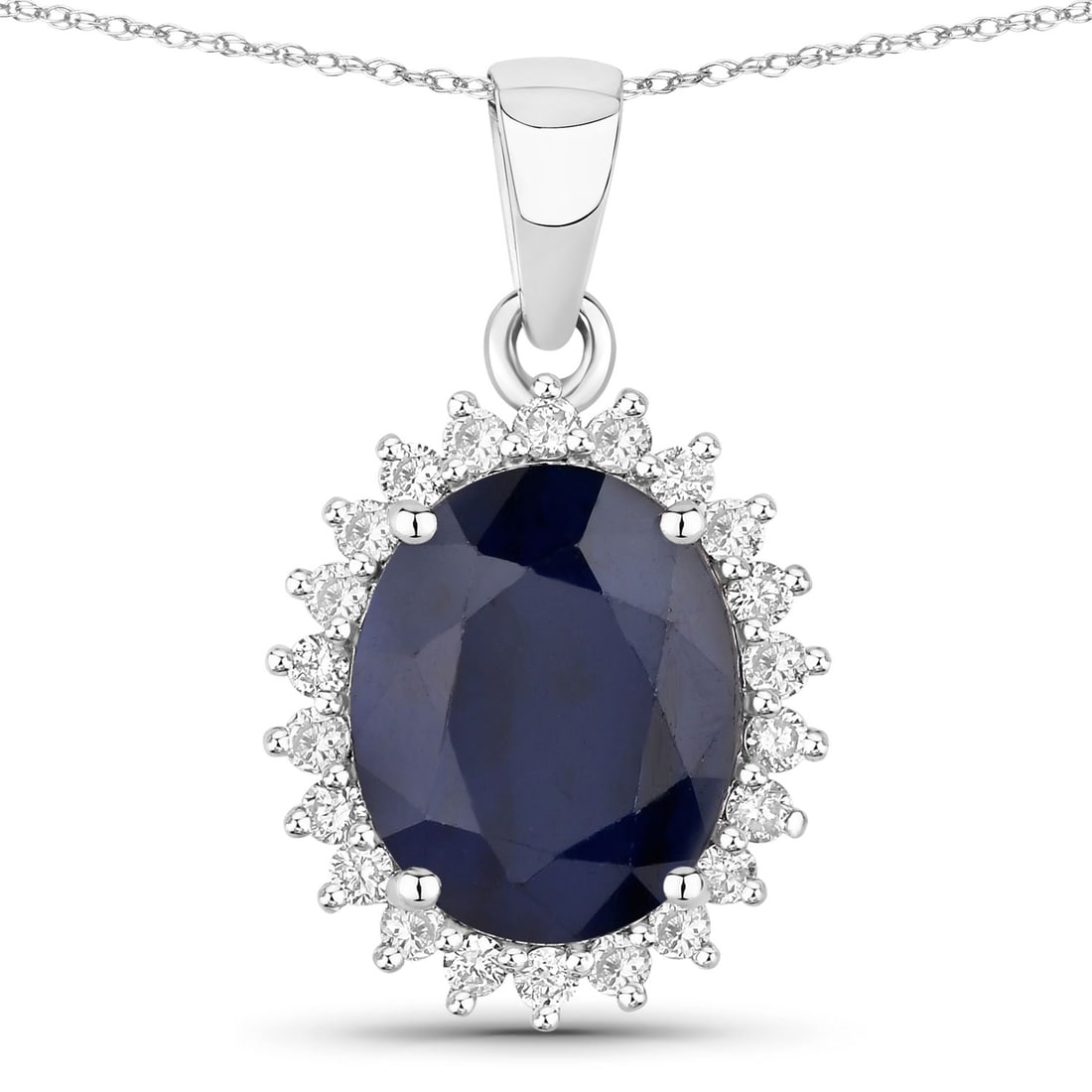 4.63 ctw Blue Sapphire Halo 14K White Gold Pendant - Certified: Epitomizing grandeur, this selection stands as a beacon of refined taste. This 4.63 ctw design features 4.32 carats of Blue Sapphire with deep, velvety hues, surrounded by 0.31 carats of brilliant acc