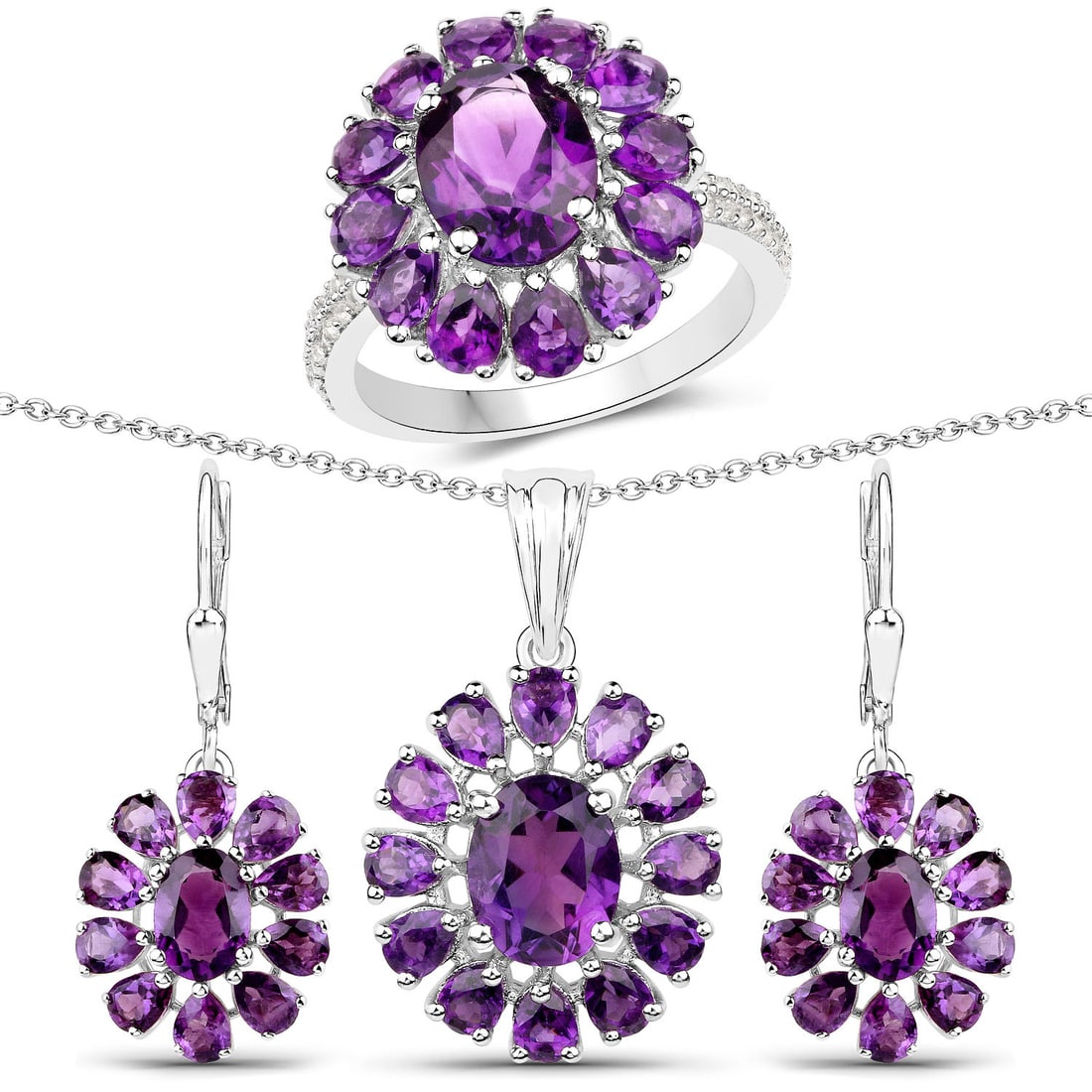 11.60 ctw Amethyst & Topaz Halo Sterling Silver Jewelry Set - Certified (1 of 4)