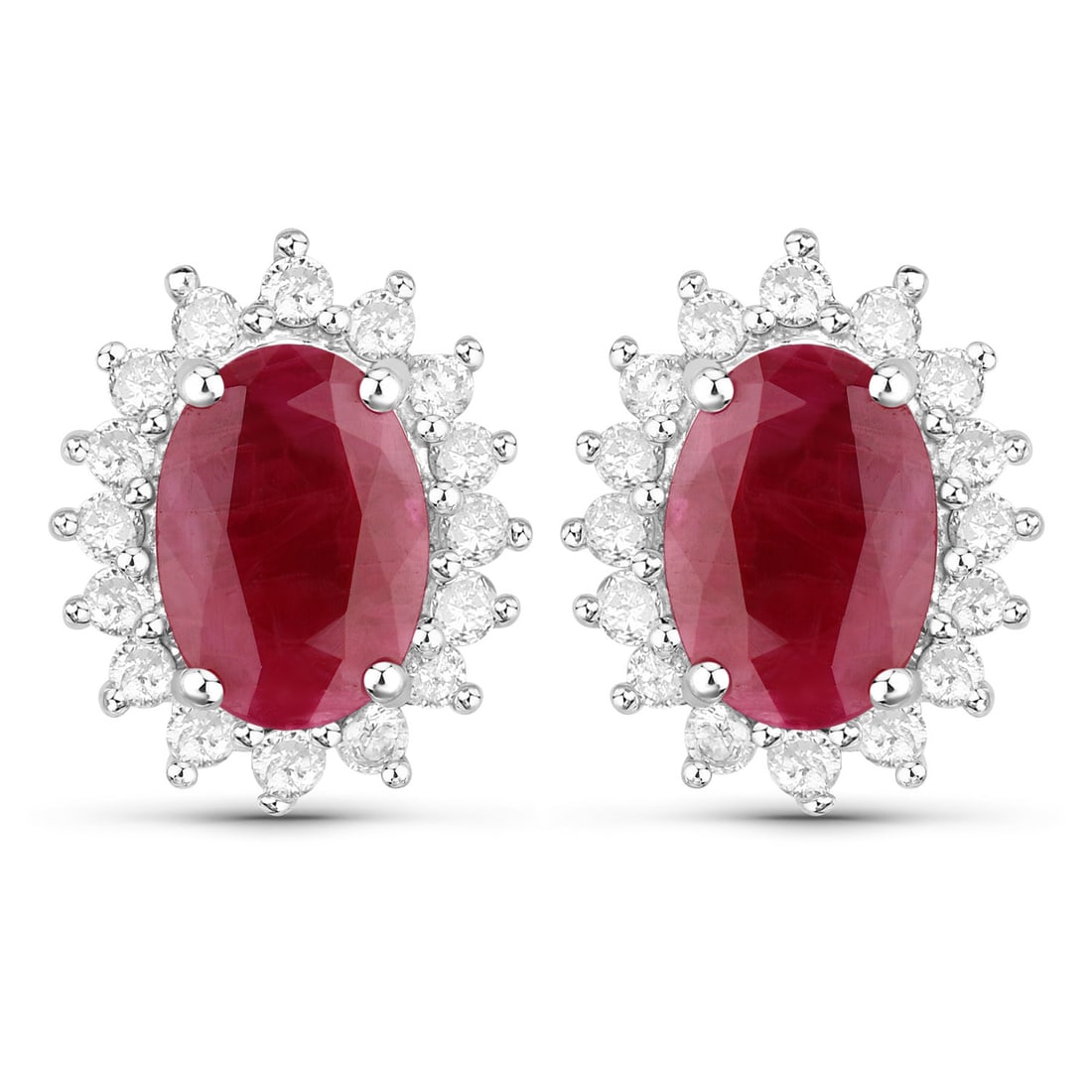 2.02 ctw Ruby Halo 14K White Gold Earrings - Certified: Exuding opulence and grace, this jewel is crafted for the distinguished. This pair features a combined 1.70 carats of vibrant Ruby, elegantly framed by 0.32 carats of brilliant white diamonds, bringin