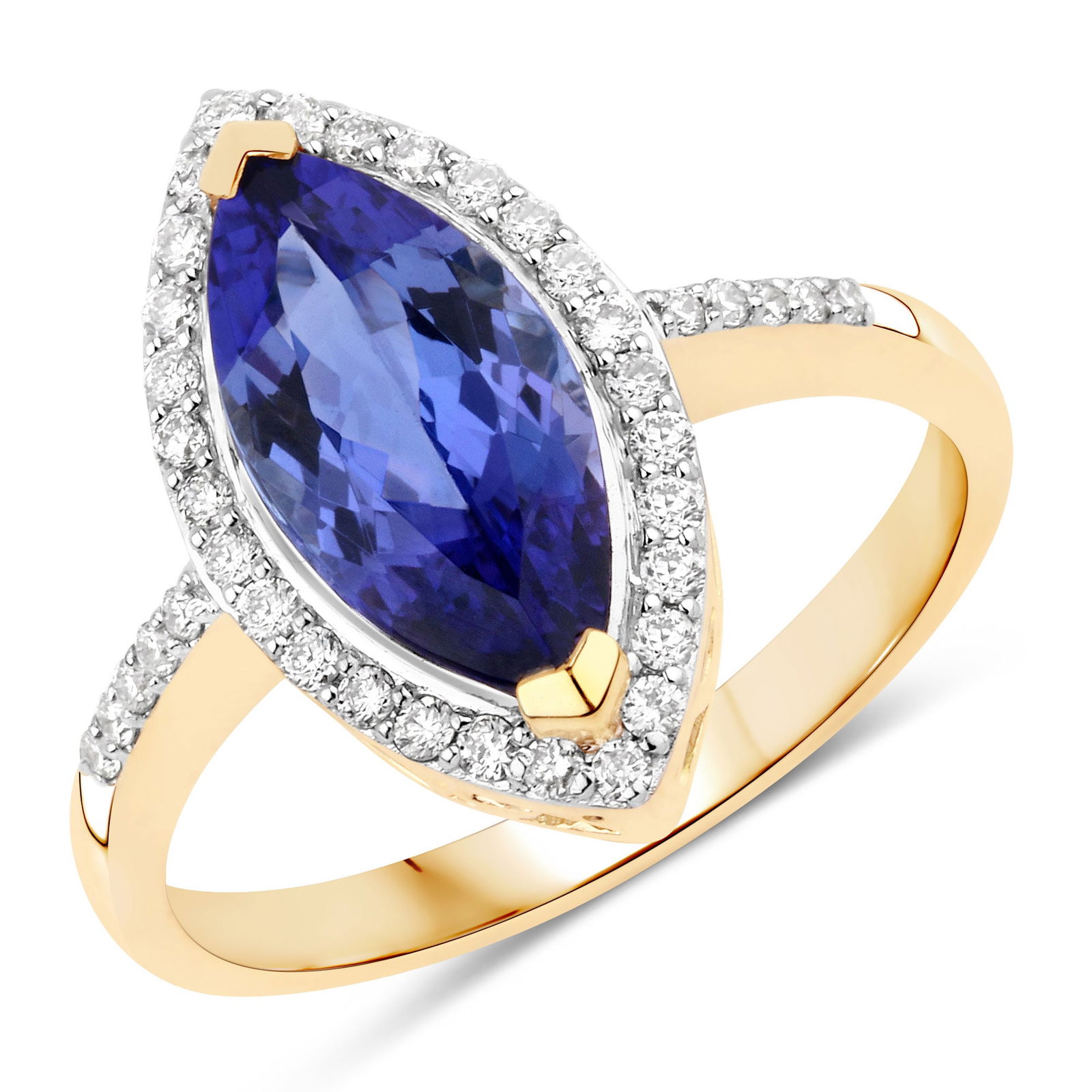 2.33 ctw Tanzanite Bridge 14K Yellow Gold Ring - Certified: Epitomizing grandeur, this selection stands as a beacon of refined taste. This 2.33 ctw design features 2.06 carats of Marquise Tanzanite with velvety hues, further embellished by 0.27 carats of spark