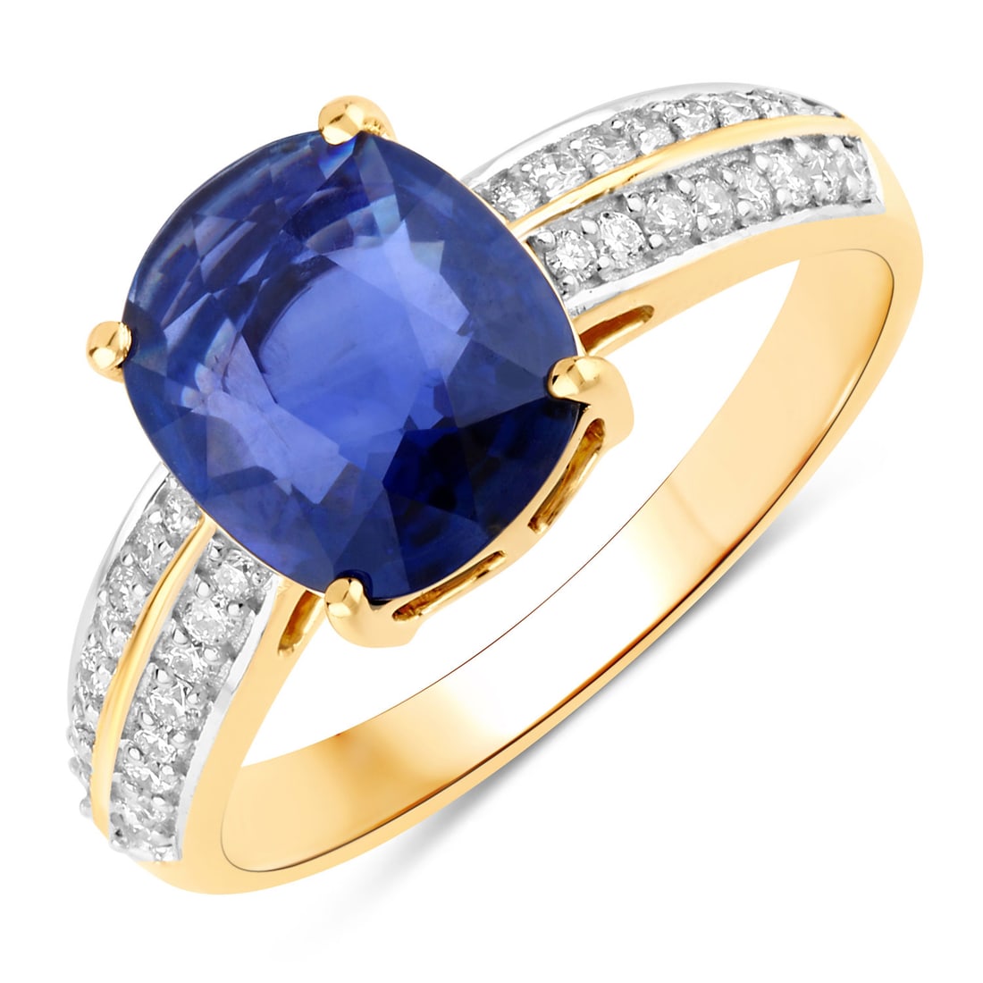 2.63 ctw Ceylon Blue Sapphire Bridge 18K Yellow Gold Ring - Certified: Epitomizing grandeur, this selection stands as a beacon of refined taste. This 2.63 ctw design features a magnificent 2.39 carat Cushion-cut Ceylon Blue Sapphire with velvety hues, elegantly flanked