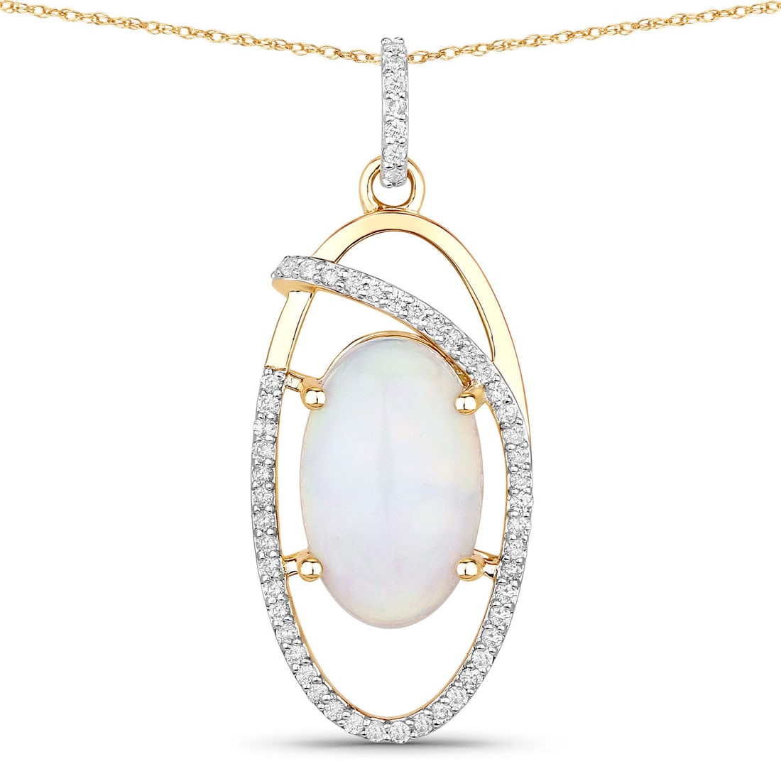 3.59 ctw Ethiopian Opal Crossover 14K Yellow Gold Pendant - Certified: A symphony of light and color, this piece embodies the pinnacle of luxury. This 3.59 ctw design features 3.34 carats of Ethiopian Opal displaying a captivating play-of-color, accented by 0.25 carats o