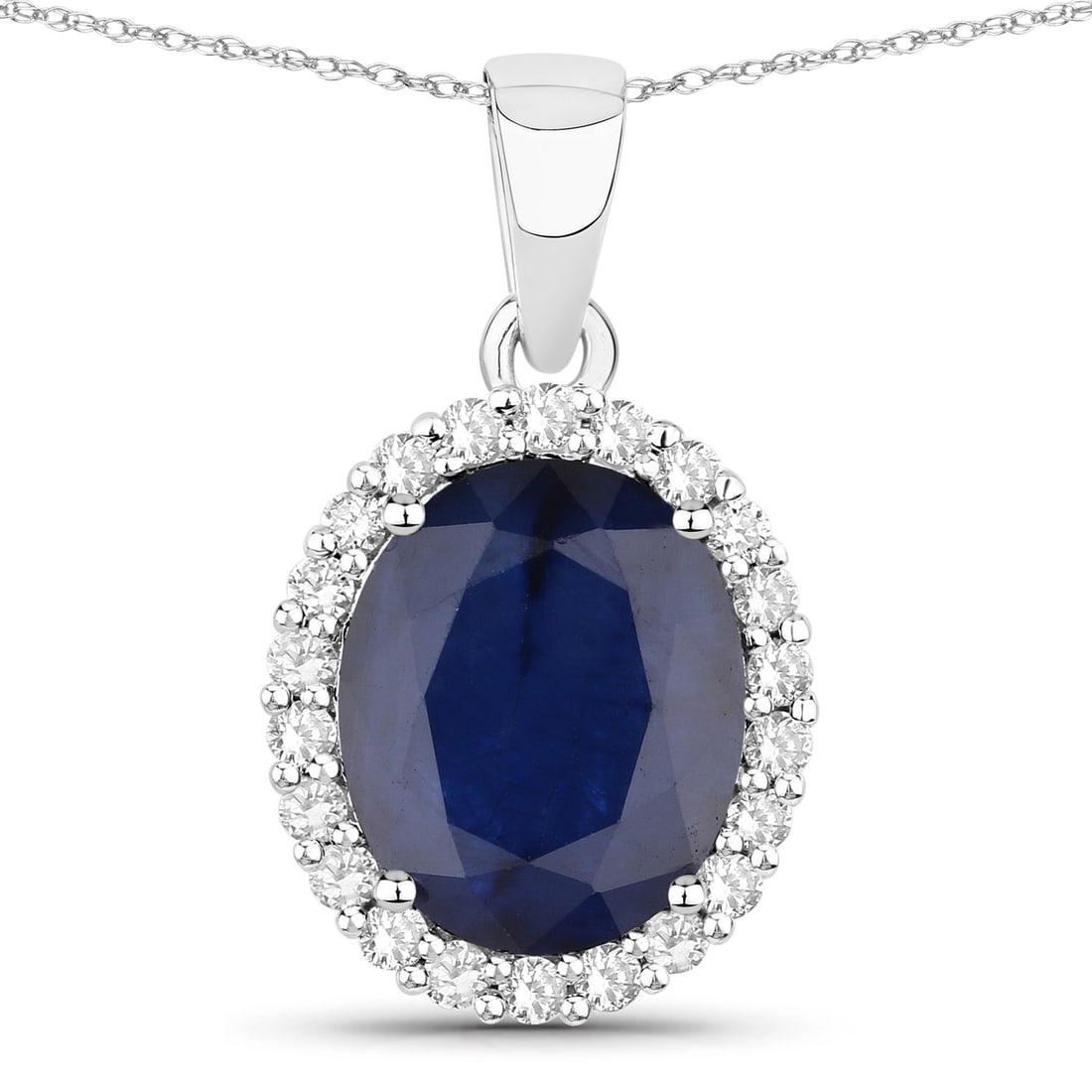 4.63 ctw Blue Sapphire Halo 14K White Gold Pendant - Certified: A symphony of light and color, this piece embodies the pinnacle of luxury. This 4.63 ctw design features a magnificent 4.32 carat oval Blue Sapphire, radiating a deep, velvety hue, encircled by a scin