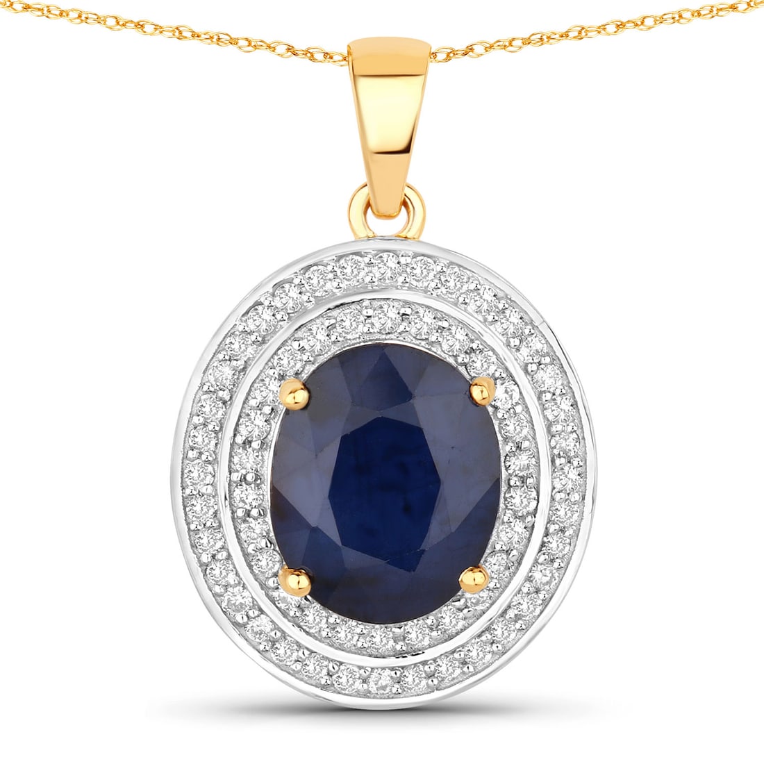 4.82 ctw Blue Sapphire Halo 14K Yellow Gold Pendant - Certified: A symphony of light and color, this piece embodies the pinnacle of luxury. This 4.82 ctw design features a magnificent 4.32 carat Oval Blue Sapphire, radiating a captivating deep blue hue, brilliantly