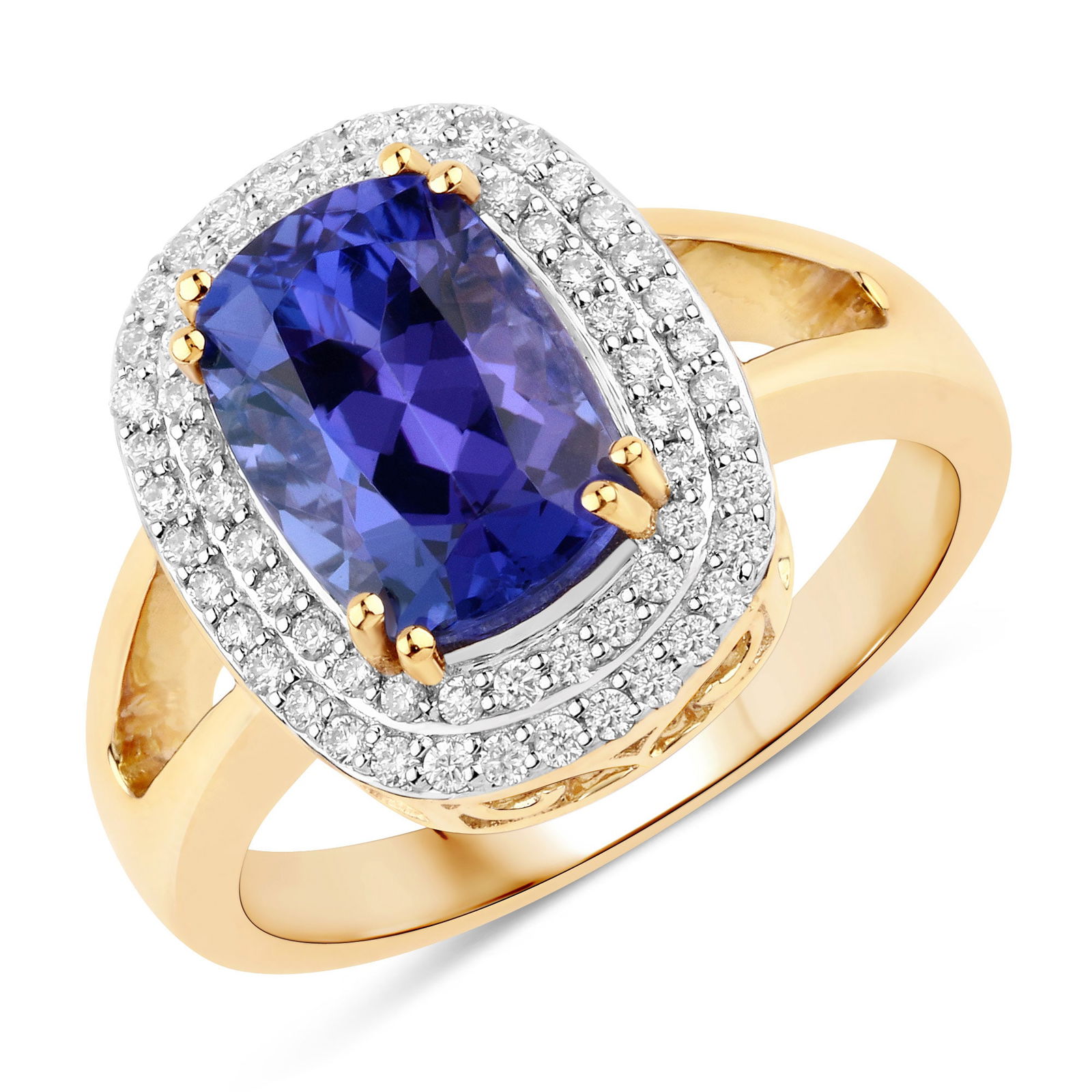 3.33 ctw Tanzanite Halo 14K Yellow Gold Ring - Certified: A symphony of light and color, this piece embodies the pinnacle of luxury. This 3.33 ctw design features a magnificent 3.04 carat Tanzanite, celebrated for its velvety violet-blue hues, framed by a sp