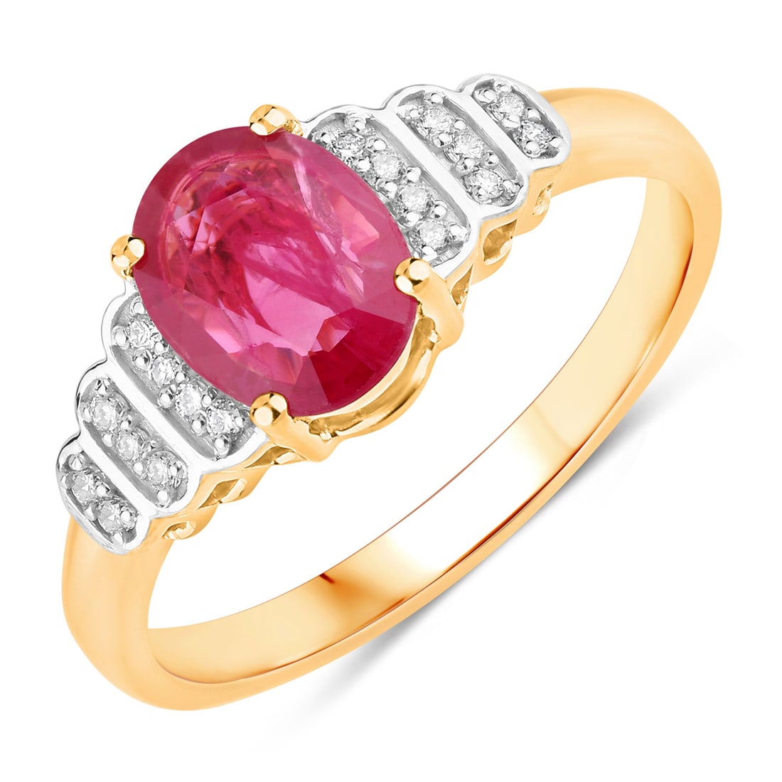 1.52 ctw Ruby Bridge 14K Yellow Gold Ring - Certified: A testament to superior craftsmanship, this work of art is unparalleled. This 1.52 ctw design features 1.44 carats of vibrant Ruby, accentuated by 0.08 carats of sparkling White Diamonds. Expertly mou