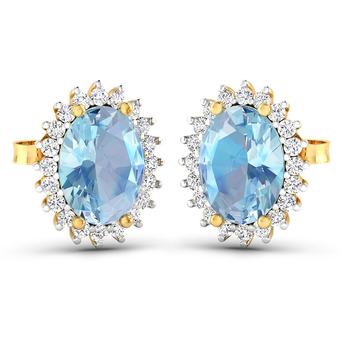 2.36 ctw Aquamarine and Diamond 14K Yellow Gold Earrings - Certified: A symphony of light and color, this piece embodies the pinnacle of luxury. This pair features a combined 2.10 carats of Aquamarine with serene blue hues, brilliantly accented by 0.26 carats of sparkli
