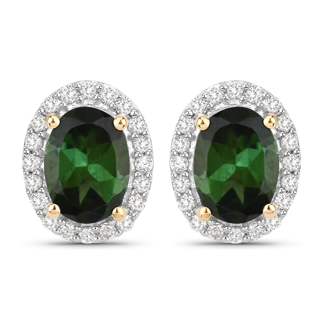 1.92 ctw Green Tourmaline Halo 14K Yellow Gold Earrings - Certified: Defining modern elegance, this creation captures the essence of style. This pair features a combined 1.66 carats of vibrant Green Tourmaline, encircled by a sparkling halo of 0.26 carats of brilliant