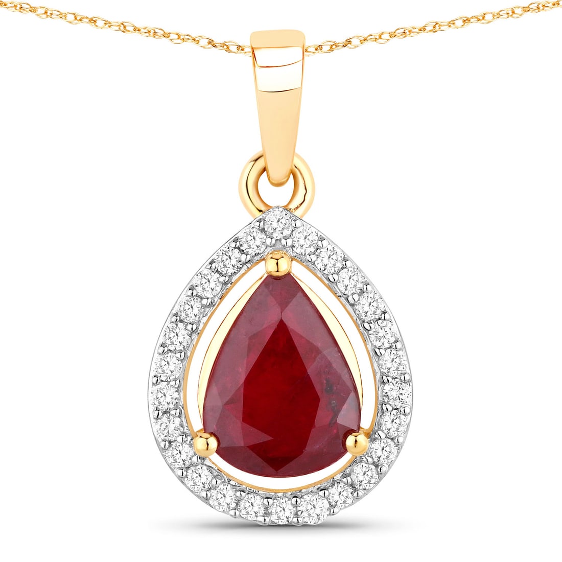 1.61 ctw Ruby Halo 14K Yellow Gold Pendant - Certified: A symphony of light and color, this piece embodies the pinnacle of luxury. This 1.61 ctw design features a vibrant 1.44 carat pear-shaped Ruby, encircled by a scintillating halo of 0.17 carats of bril