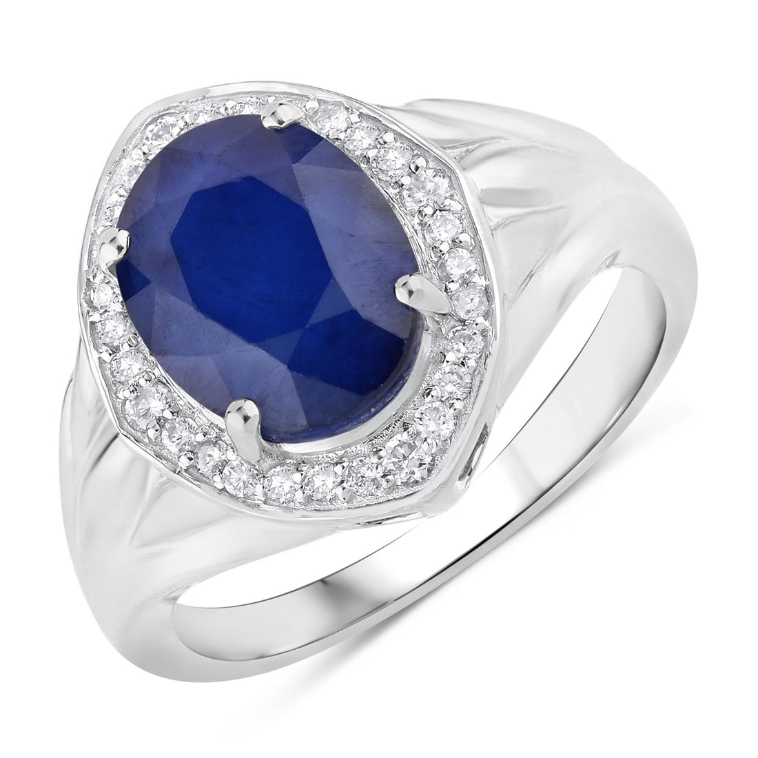 3.31 ctw Blue Sapphire Halo 14K White Gold Ring - Certified: A symphony of light and color, this piece embodies the pinnacle of luxury. This 3.31 ctw design features a stunning 3.10 carat oval Blue Sapphire, whose velvety blue hue is beautifully complemented by