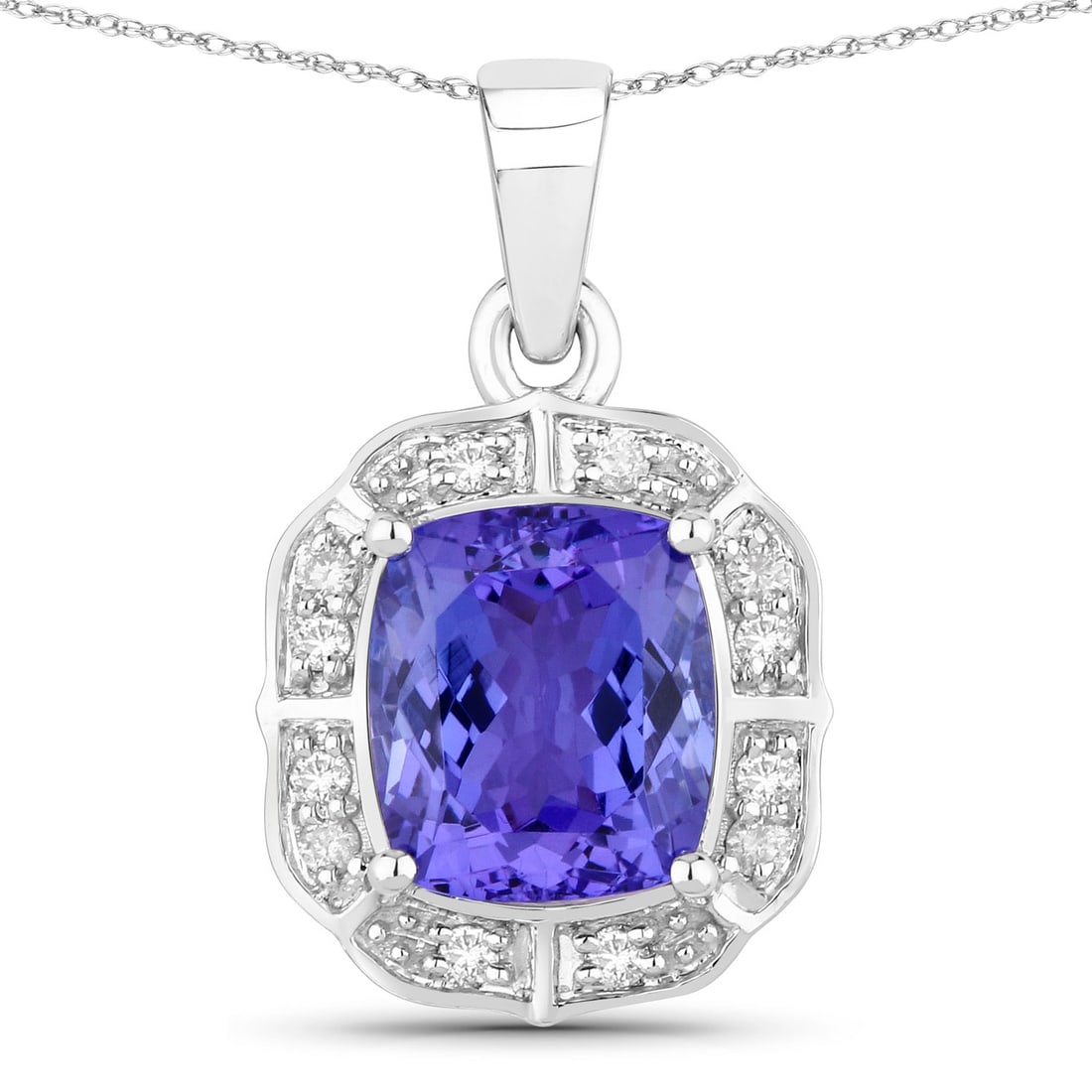 2.52 ctw Tanzanite Halo 14K White Gold Pendant - Certified: A symphony of light and color, this piece embodies the pinnacle of luxury. This 2.52 ctw design features a stunning 2.40 carat cushion-cut Tanzanite, celebrated for its velvety violet hues, framed by