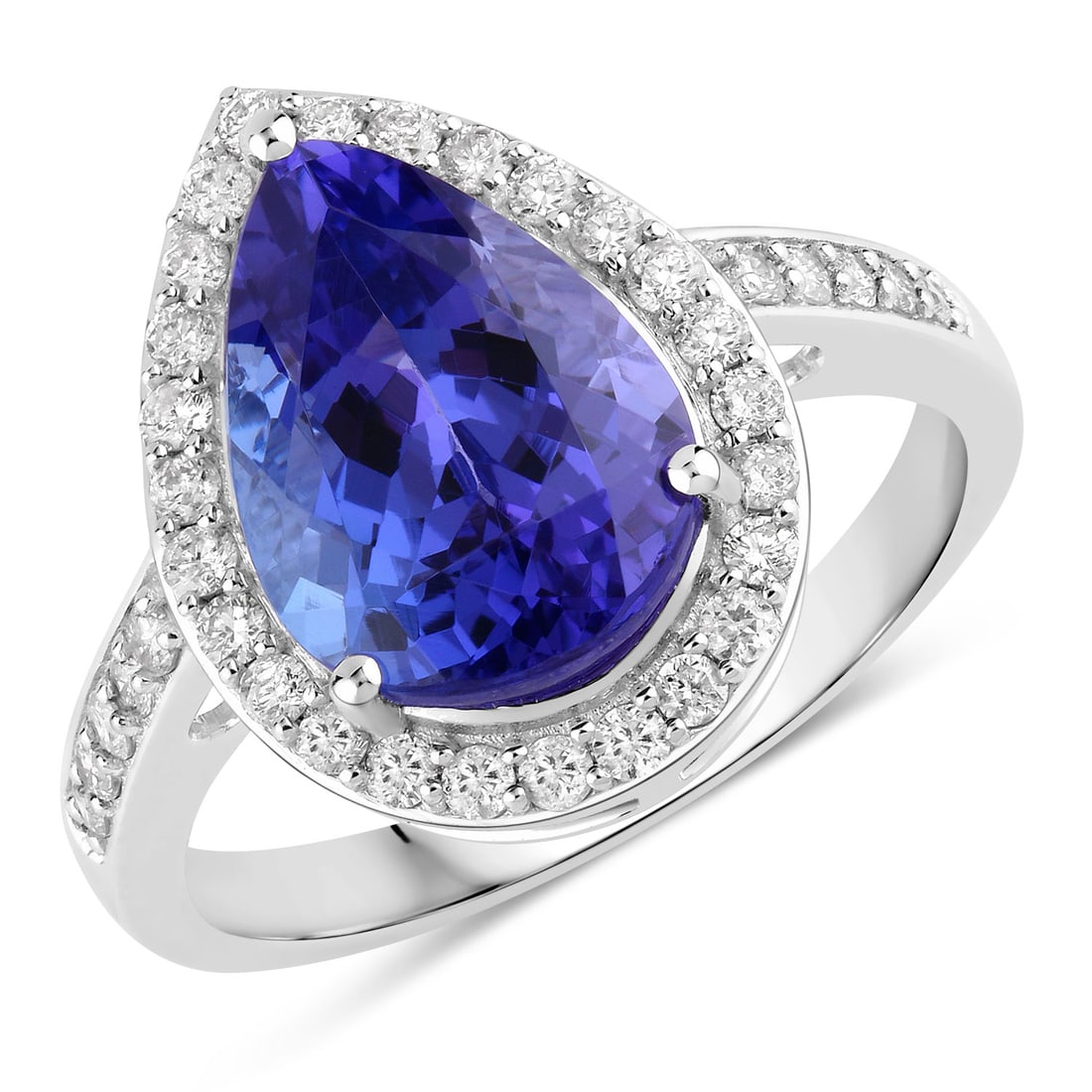 4.46 ctw Tanzanite Halo 14K White Gold Ring - Certified: Epitomizing grandeur, this selection stands as a beacon of refined taste. This 4.46 ctw design features 4.06 carats of pear-cut Tanzanite with captivating violet hues, complemented by a sparkling halo