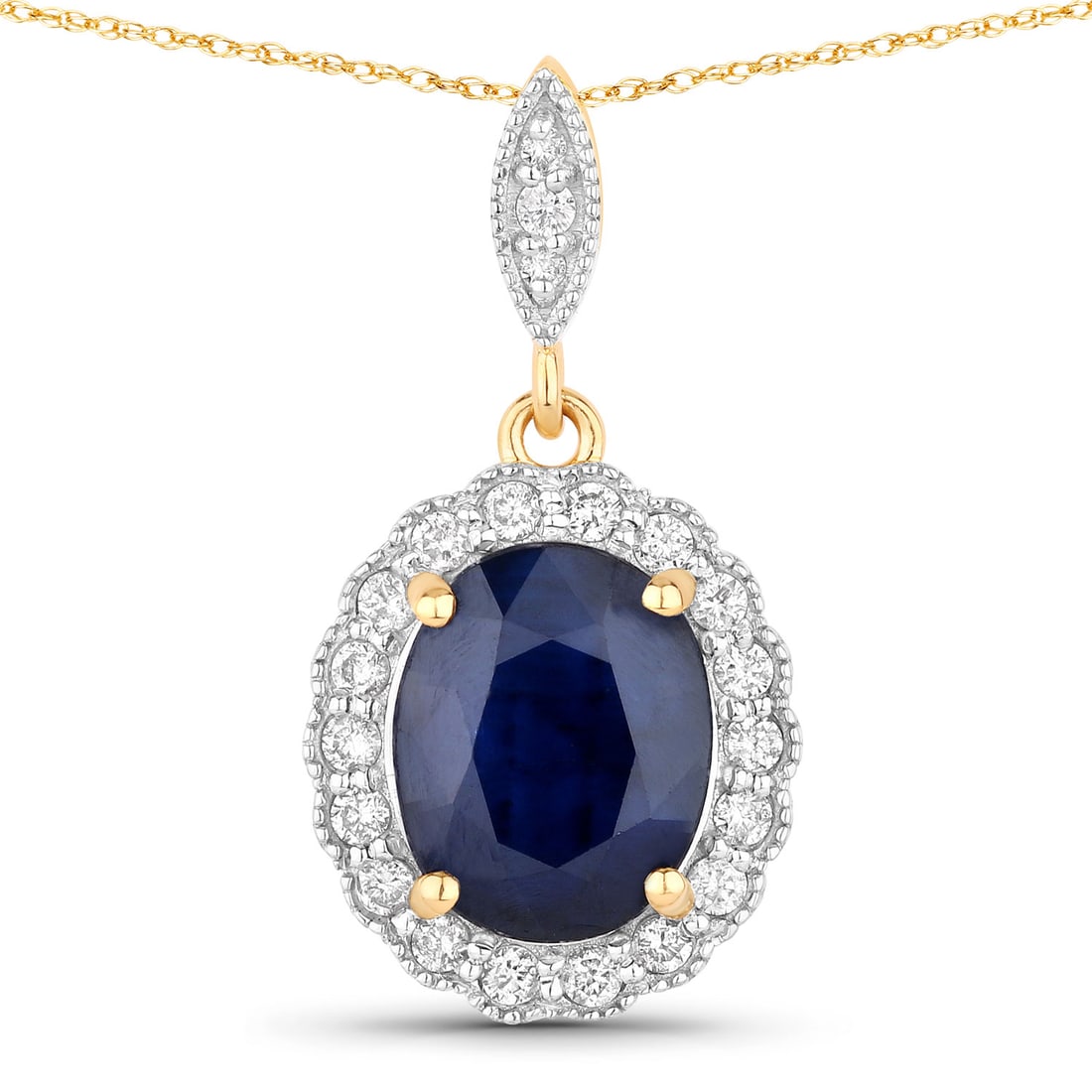 3.38 ctw Blue Sapphire Halo 14K Yellow Gold Pendant - Certified: A symphony of light and color, this piece embodies the pinnacle of luxury. This 3.38 ctw design features 3.10 carats of a captivating Oval Blue Sapphire with deep, velvety hues, framed by a scintillat
