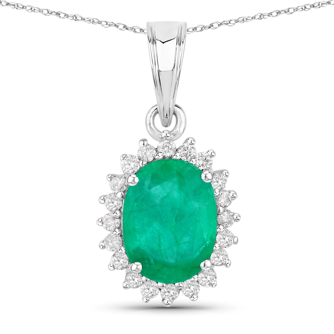 1.36 ctw Zambian Emerald Halo 10K White Gold Pendant - Certified: A symphony of light and color, this piece embodies the pinnacle of luxury. This 1.36 ctw design features 1.20 carats of Zambian Emerald with a vivid green hue, brilliantly framed by 0.16 carats of spa