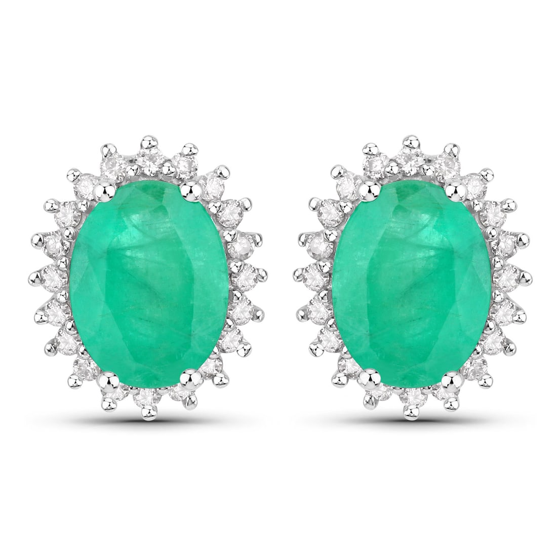 2.66 ctw Zambian Emerald Halo 10K White Gold Earrings - Certified: A symphony of light and color, this piece embodies the pinnacle of luxury. This pair of earrings features a combined 2.40 carats of oval-cut Zambian Emerald, celebrated for their vibrant green hues, e
