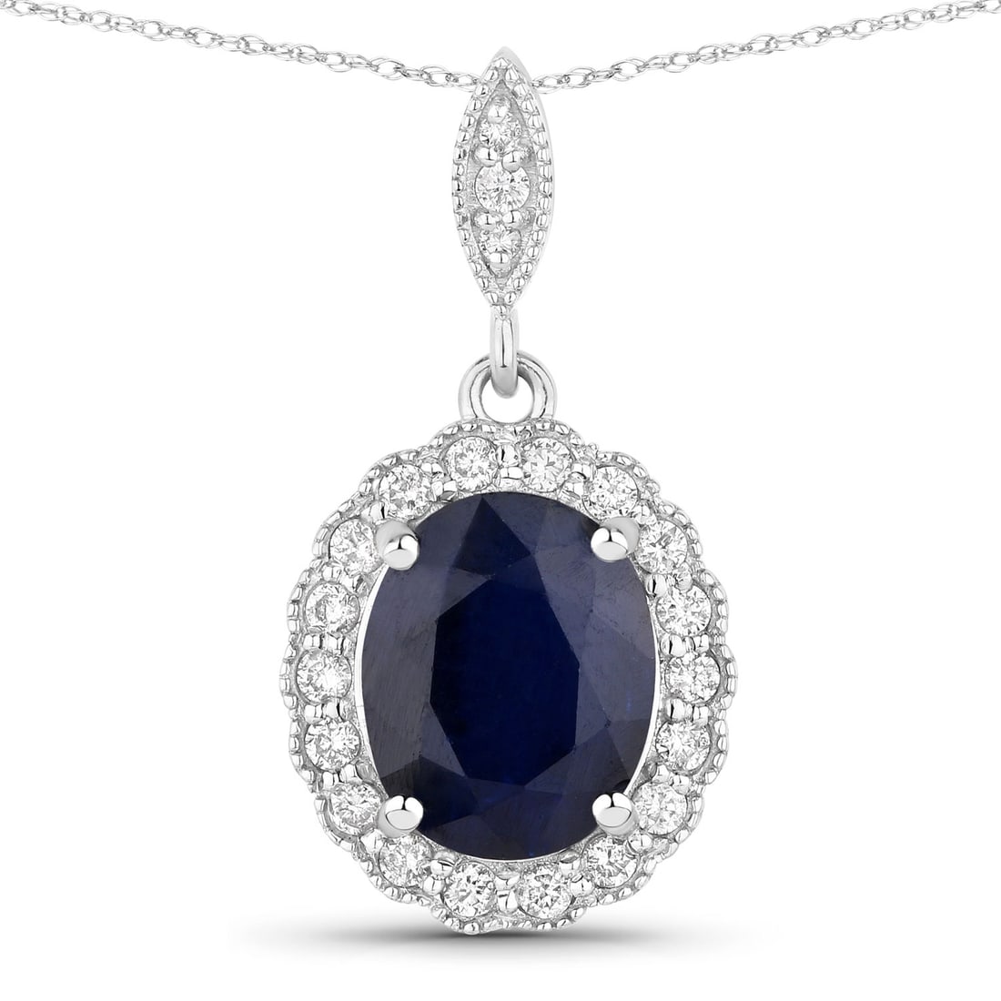 3.38 ctw Blue Sapphire Halo 14K White Gold Pendant - Certified: A symphony of light and color, this piece embodies the pinnacle of luxury. This 3.38 ctw design features 3.10 carats of a magnificent Blue Sapphire with velvety hues, framed by a scintillating halo of
