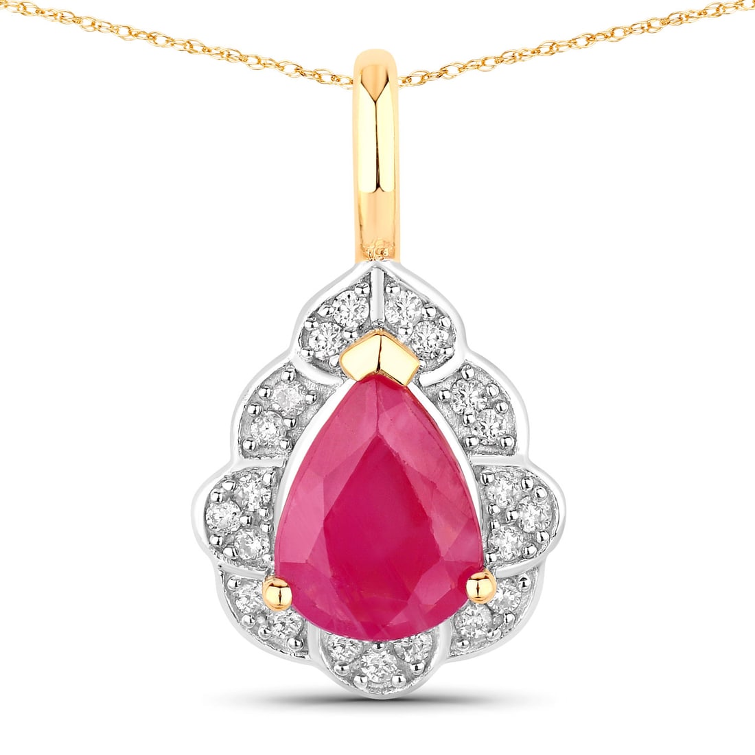 1.29 ctw Ruby Halo 14K Yellow Gold Pendant - Certified: A symphony of light and color, this piece embodies the pinnacle of luxury. This 1.29 ctw design features 1.19 carats of pear-shaped Ruby, celebrated for its vibrant color, framed by 0.10 carats of spa