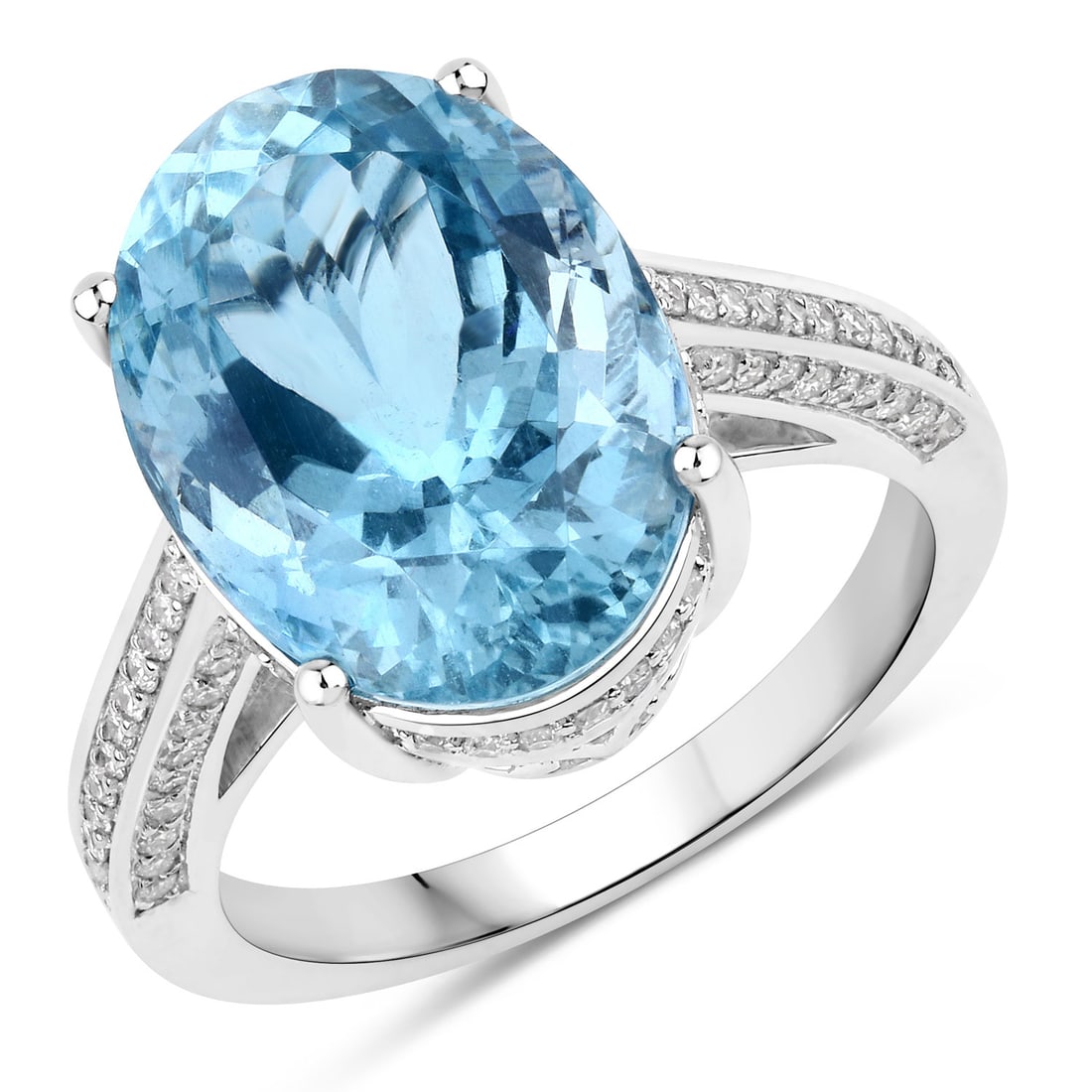 8.84 ctw Aquamarine Bridge 14K White Gold Ring - Certified: Epitomizing grandeur, this selection stands as a beacon of refined taste. This 8.84 ctw design features a magnificent 8.48 carat Aquamarine with serene, ocean-blue hues, accented by a scintillating ha