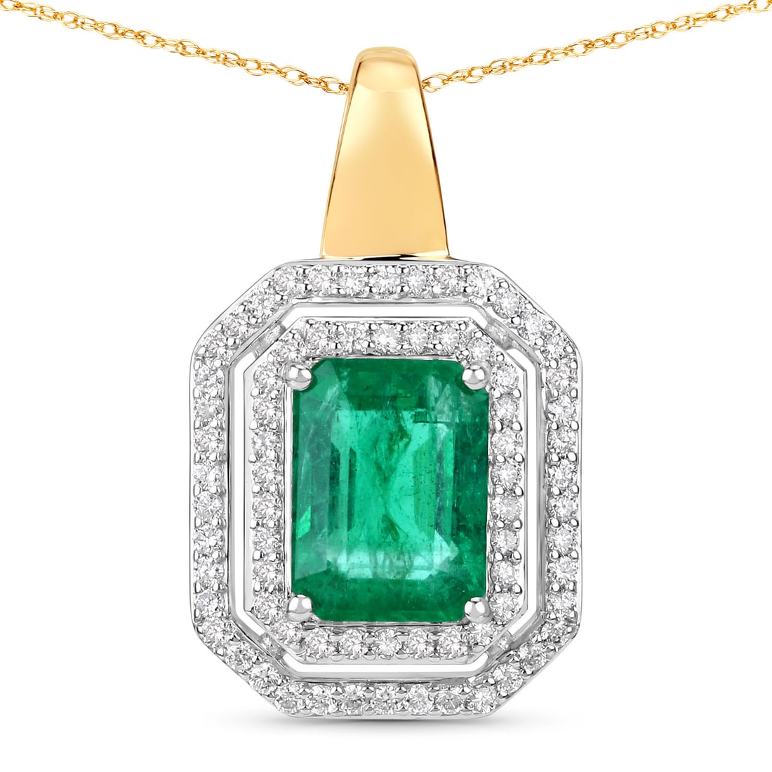 2.37 ctw Zambian Emerald Halo 14K Yellow & White Gold Pendant - Certified: A symphony of light and color, this piece embodies the pinnacle of luxury. This 2.37 ctw design features 2.04 carats of a stunning octagonal Zambian Emerald with vibrant green hues, encircled by a spa